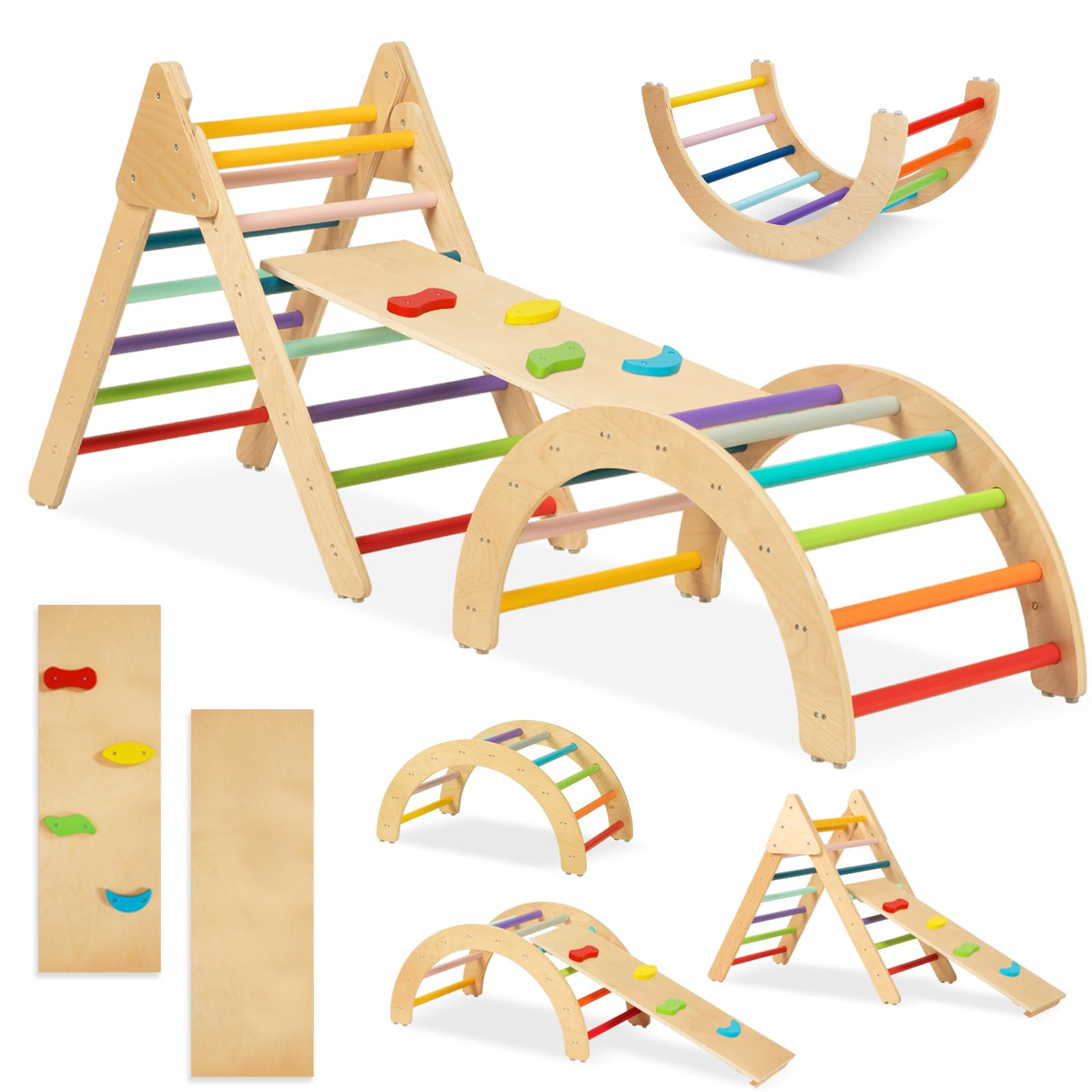 TOOKYLAND 3-in-1 Rainbow Climbing Toy Set for Toddlers - Sturdy Wooden Indoor Play Gym, Montessori Climbing Triangle with Ramp & Rocker - Safe Toddler Play Equipment for Home, Daycare & Preschool