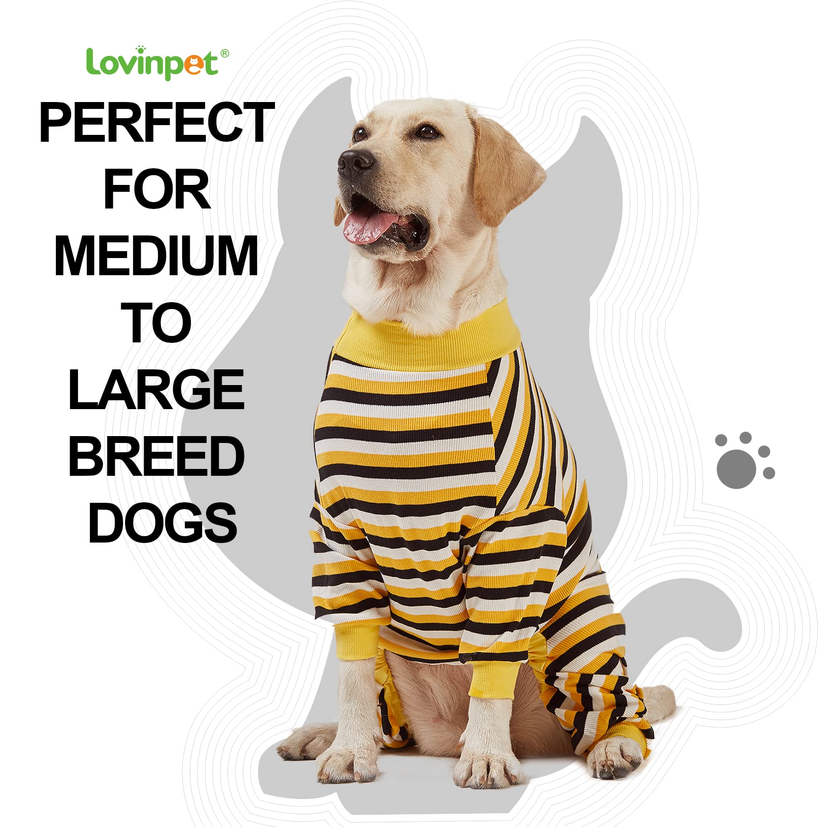 LovinPet Big Dog Pajamas - Soft Cotton Black & Yellow Striped Dog Shirt | Full Coverage Onesie for Large Breed Dogs | Cozy Pet PJs for Medium to Large Dogs | Perfect for Winter Nights & Indoor Lounging