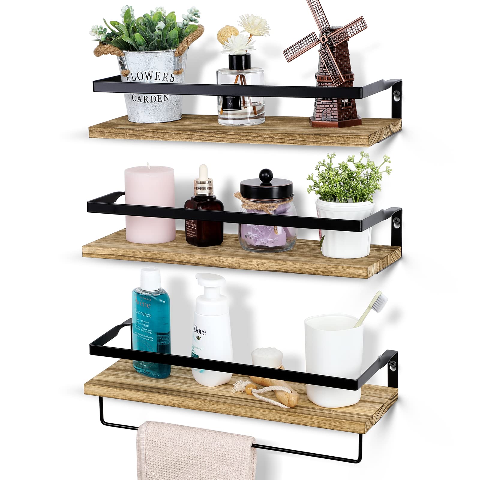 VITEVER Set of 3 Wall Mounted Floating Shelves with Towel Bar - Rustic Farmhouse Bathroom Storage Organizer for Bathroom, Bedroom, Living Room & Kitchen - Light Brown Wooden Shelves for Home Decor & Organization