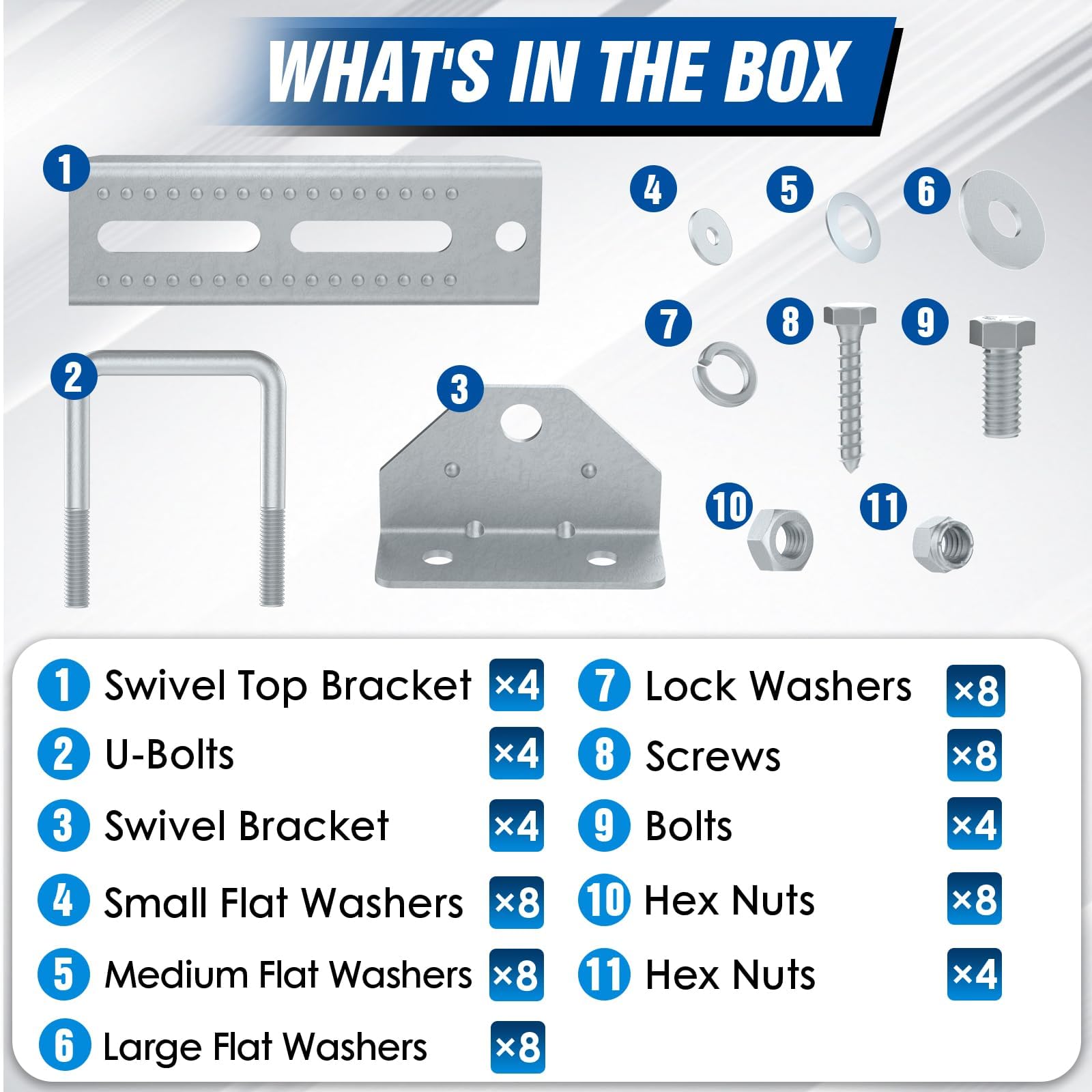Galvanized Swivel Top Boat Trailer Bunk Bracket Kit with Hardware (4-Pack) - Heavy Duty Marine Grade Brackets for Boat Trailer Crossmembers - Perfect for Saltwater & Freshwater Boating, Dock Loading & Trailering