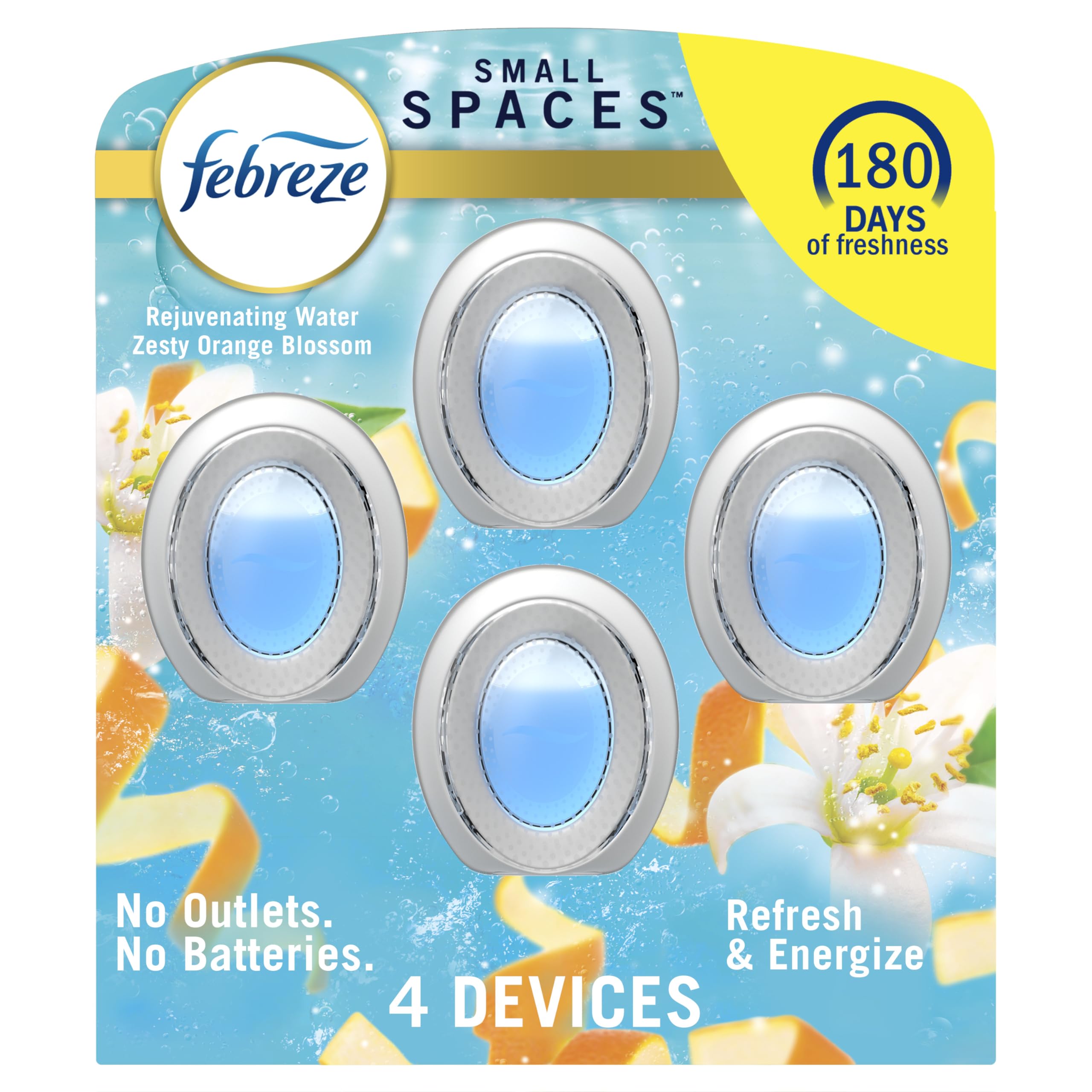 Febreze Small Spaces Air Freshener - Odor Eliminator & Plug-In Alternative for Home, Bathroom, Kitchen & Closet | Refresh & Energize Scent (4-Pack) | Perfect for Small Rooms, Offices, and Pet Areas