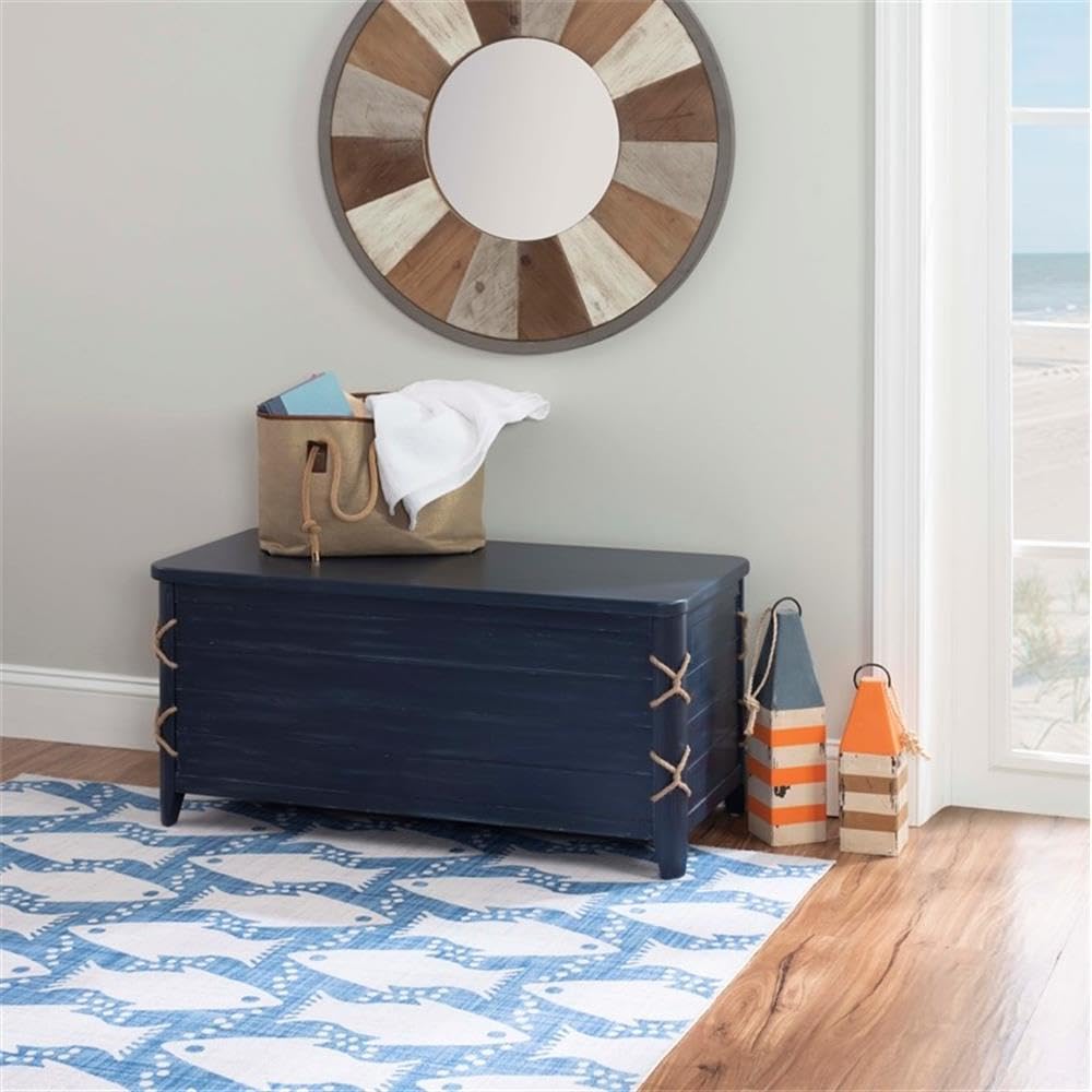 BOWERY HILL Modern Wood Rope Cedar Lined Storage Chest - Blue Decorative Trunk for Bedroom, Living Room & Nursery Organization | Rustic Home Decor Storage Solution
