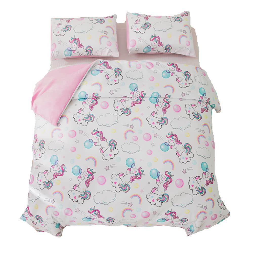 Qjmiaofang Unicorn Duvet Cover Queen Size - 3 Piece Girls Bedding Set with Rainbow Hair & Blowing Bubbles Design, Soft Microfiber Cartoon Unicorn Comforter Cover with Stars & Hearts Print | Perfect for Kids Bedroom Decor, Birthday Gifts & Fantasy Themed Rooms