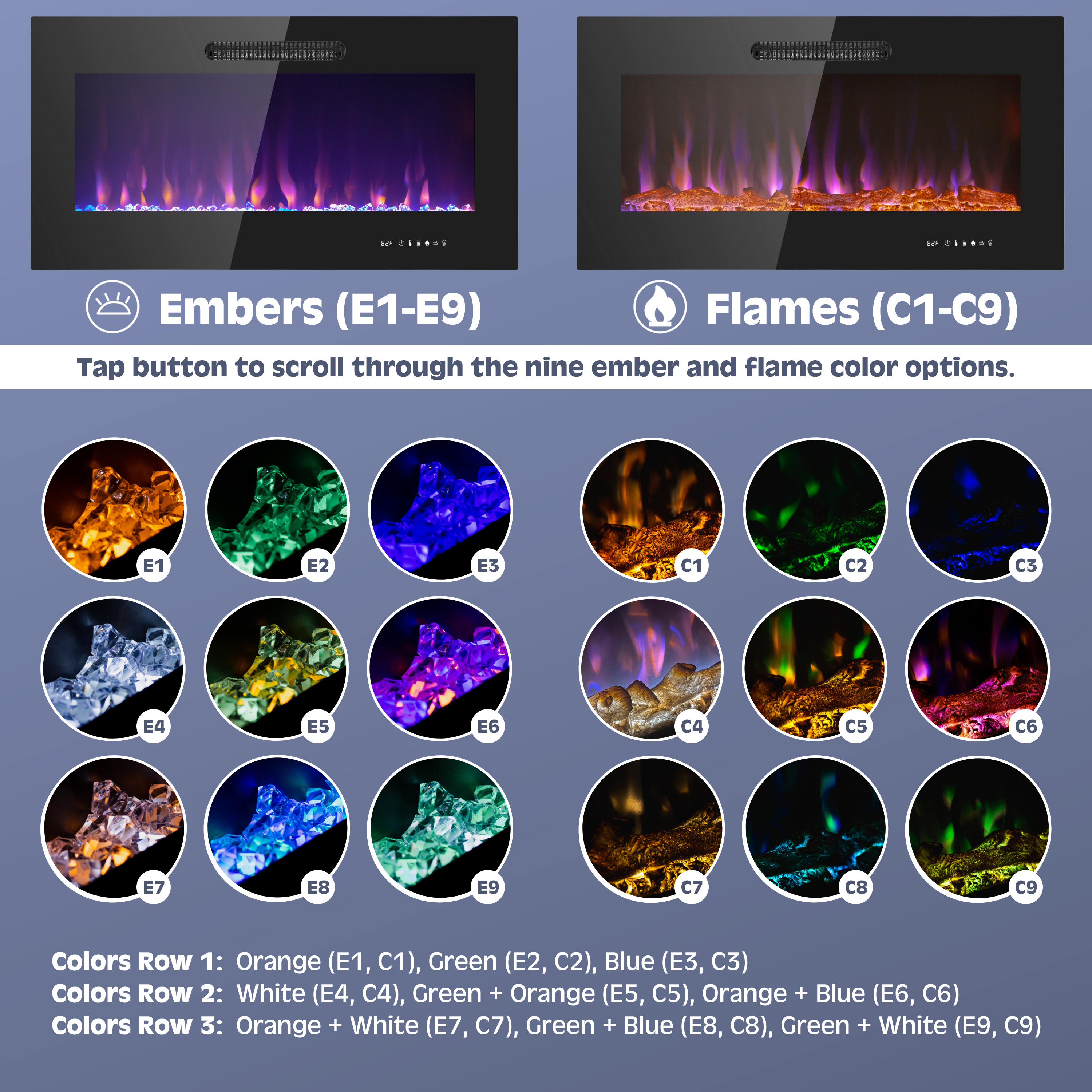 50 Inch LED Slim Electric Fireplace Insert - Wall Mounted Fireplace with 1500W Heater, Log & Crystal Ember Options, Adjustable Realistic Flame, Remote Control - Perfect for Living Room, Bedroom & Office Heating
