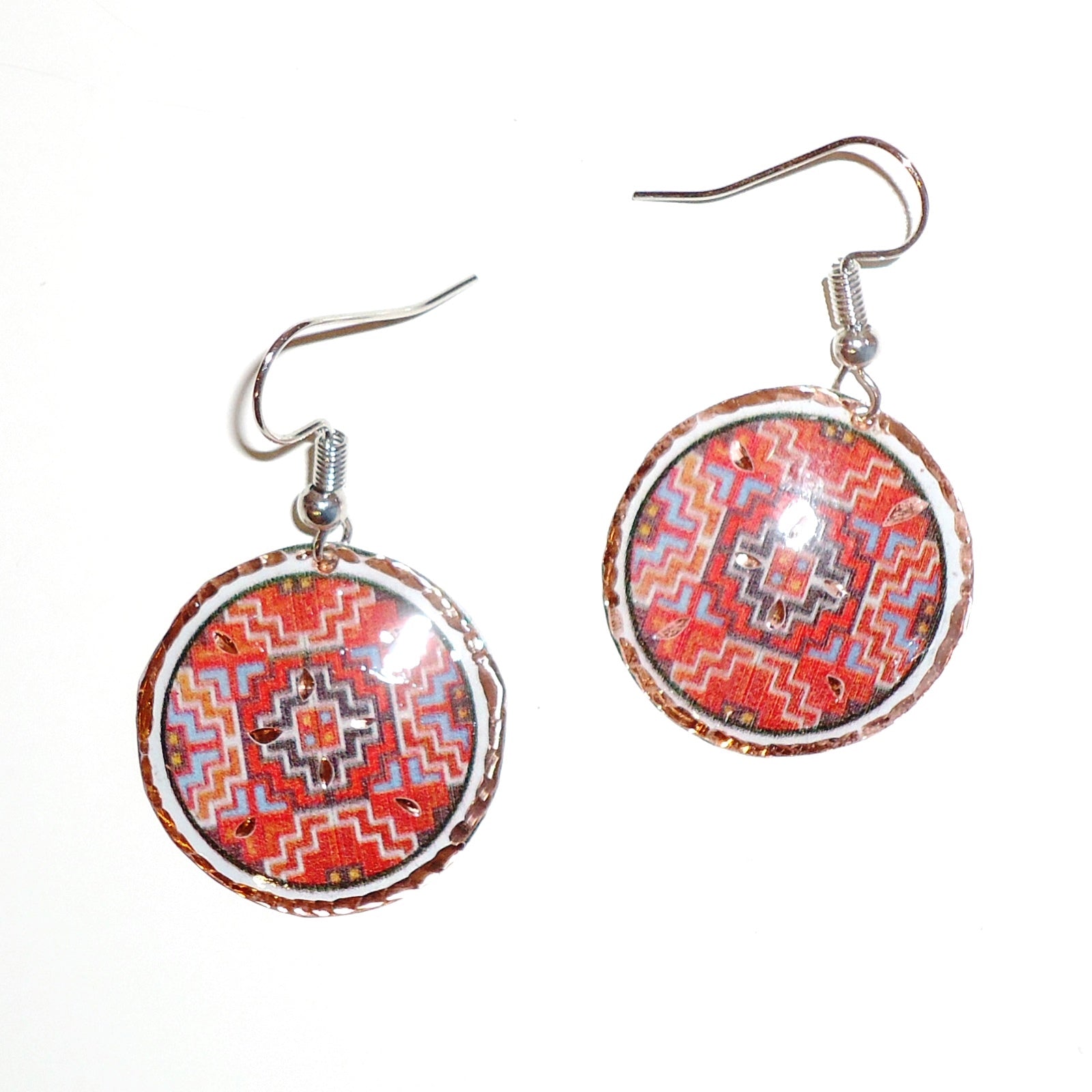 Handmade Etched Copper Geometric Earrings with Red Circles - Boho Chic Jewelry for Women, Perfect for Parties & Everyday Wear