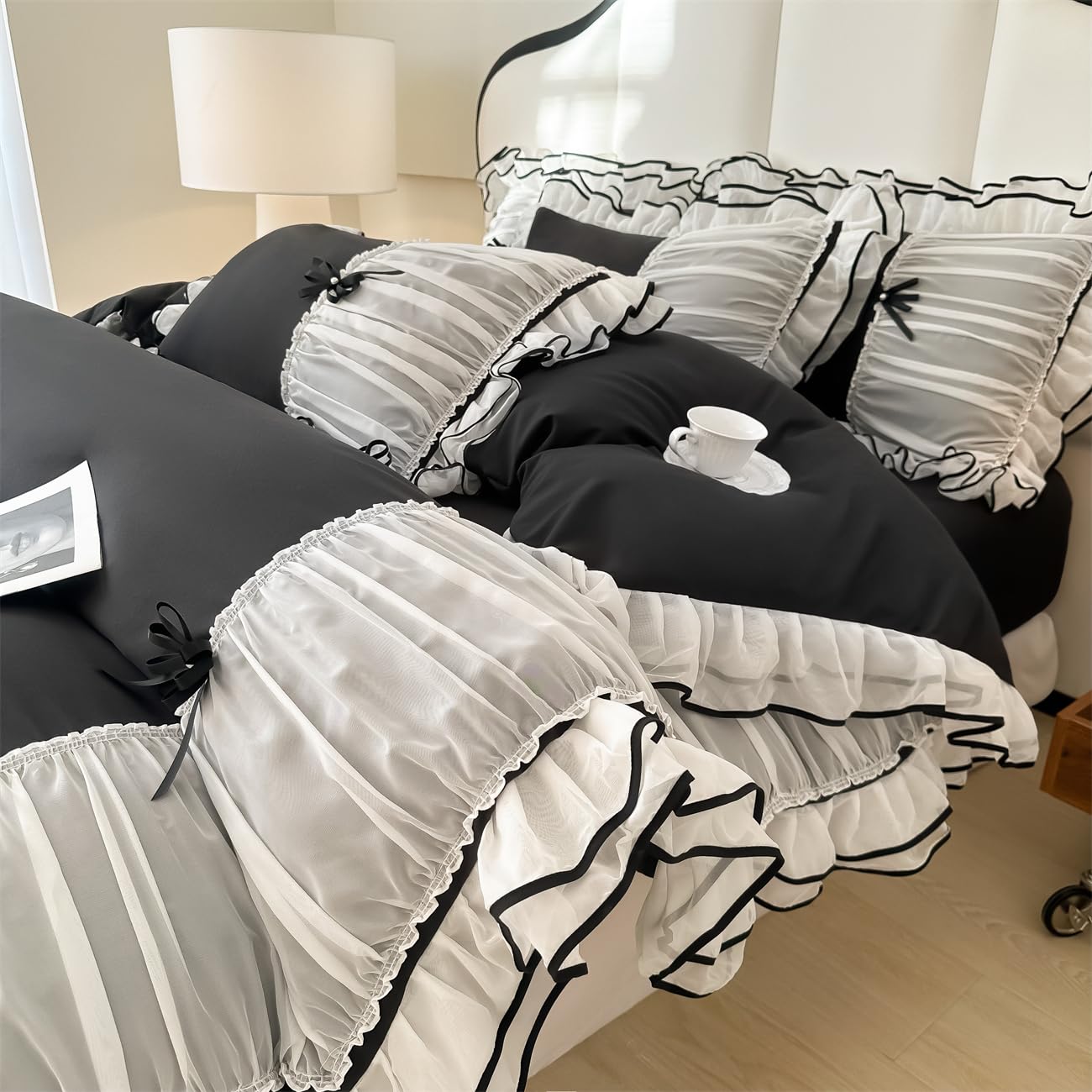 IHOUSTRIY Queen Size Duvet Cover Set for Girls - 3 Piece Ruffled Bedding with Bowtie Design, Zipper Closure & Matching Pillowcase (Black) | Perfect for Teen Girls' Bedrooms, Dorm Rooms & Gift Giving