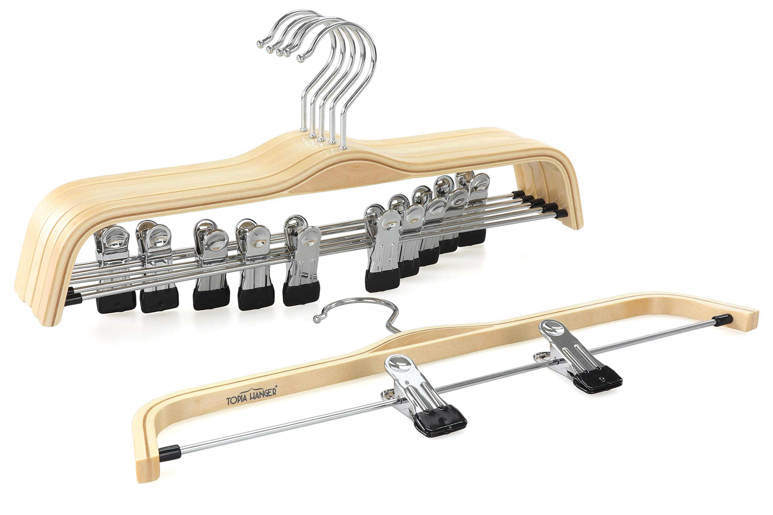 TOPIA HANGER 10-Pack Wooden Pants Hangers - Slim Natural Wood Skirt Hangers with Anti-Rust Hook & Adjustable Metal Clips - Perfect for Skirts, Pants, Slacks - Ideal for Closet Organization & Wardrobe Storage