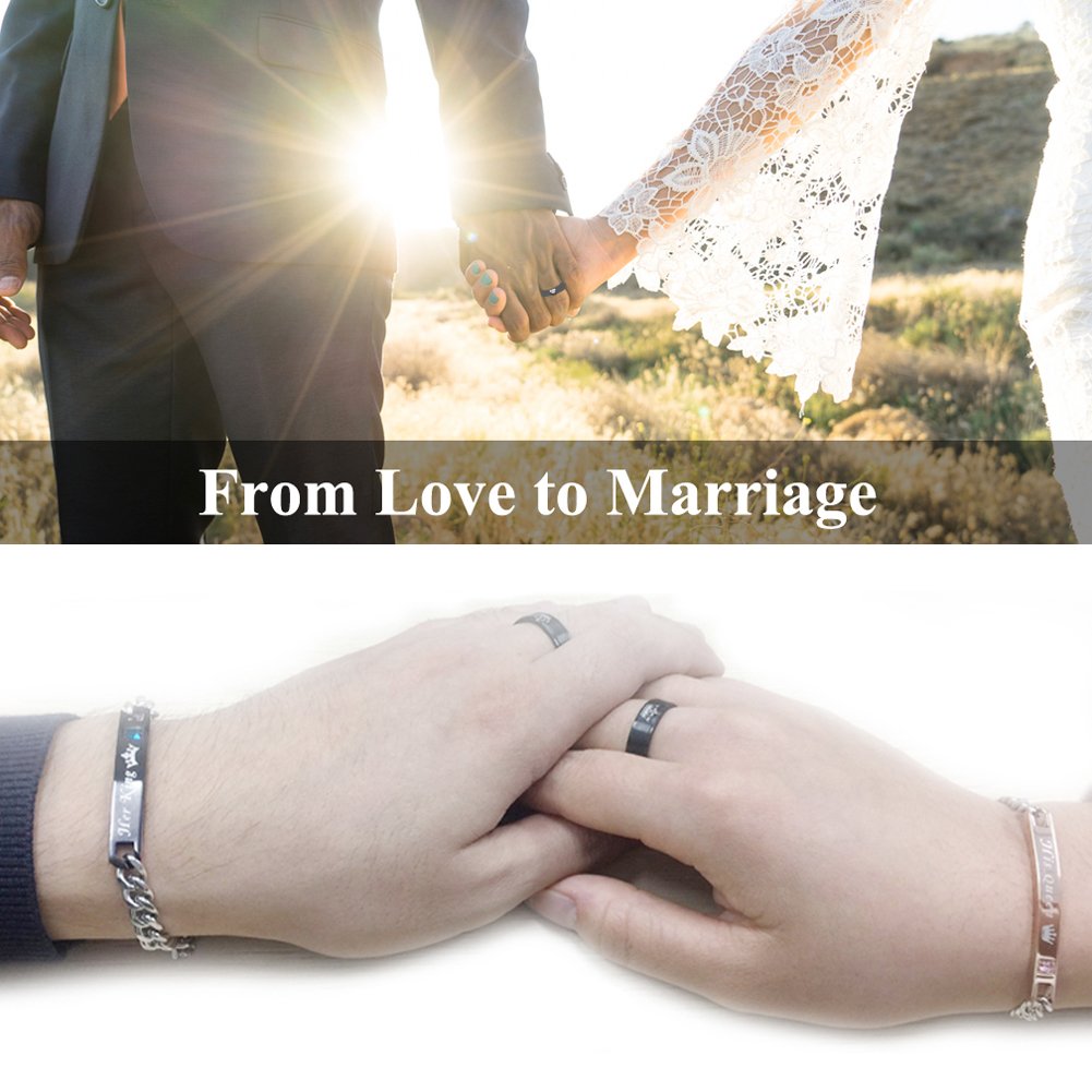 King Queen Couple Bracelets - Engraved Crown Stainless Steel Adjustable Bracelet Set in Rose Gold & Black for Him & Her - Romantic Gift for Wife, Husband, Anniversary, Valentine's Day