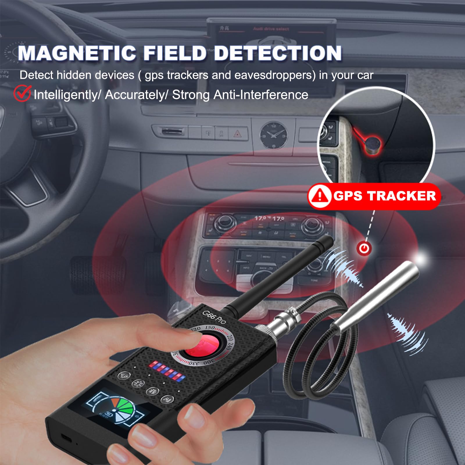 JAXTIN G66 Pro AI Hidden Camera Detector with Magnetic GPS Tracker & Infrared Finder - LED Display Anti-Spy Device for Hotel, Airbnb, Travel Security (Medium)