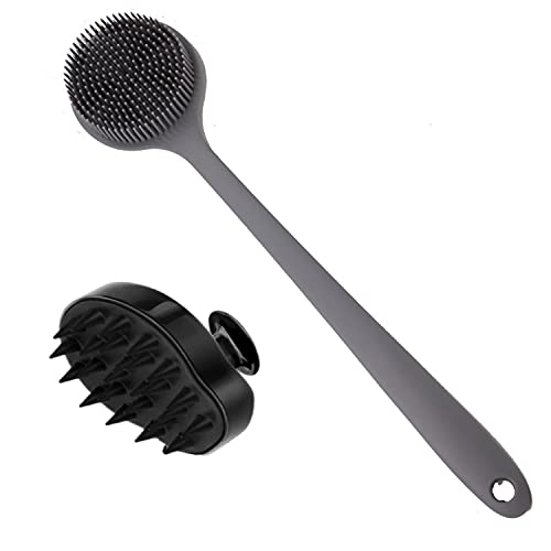 Exfoliating Silicone Shower Brush & Scalp Massager - Long Handle Back Scrubber for Deep Cleansing, Dandruff Removal - 2 Pack for Men, Women & Pets - Perfect for Relaxing Bath Time & Spa Experience