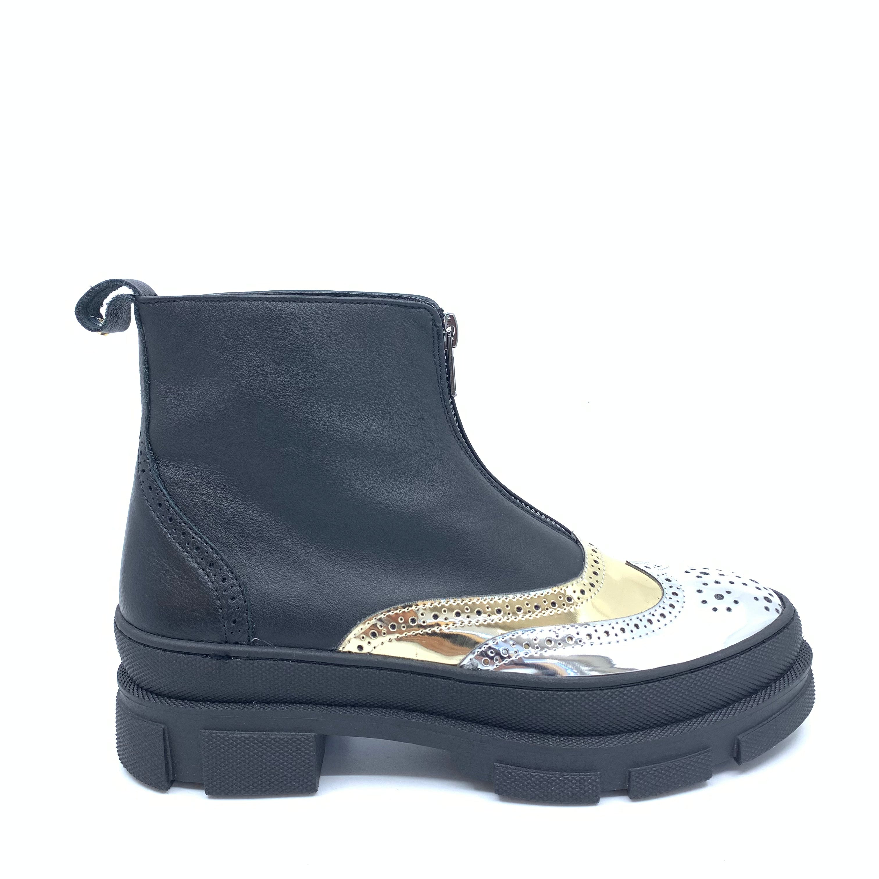 Stylish Manuela Black & Metallic Wingtip Zipper Boots for Women - Fashionable Dress Shoes for Office, Party & Evening Events