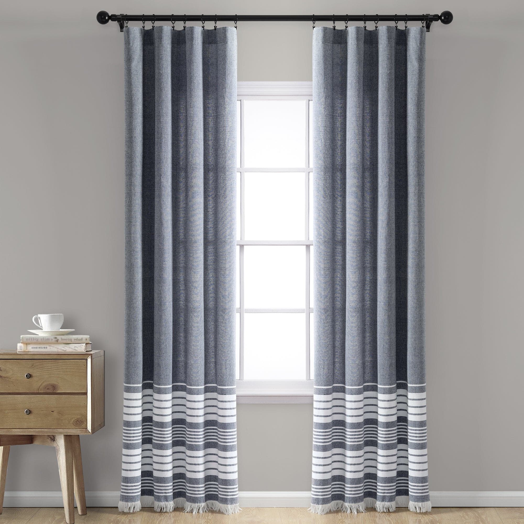 Nantucket Yarn Dyed Tassel Fringe Window Curtain Panel Set - Coastal Style Sheer Drapes for Living Room, Bedroom & Kitchen - Light Filtering & Privacy Window Treatments