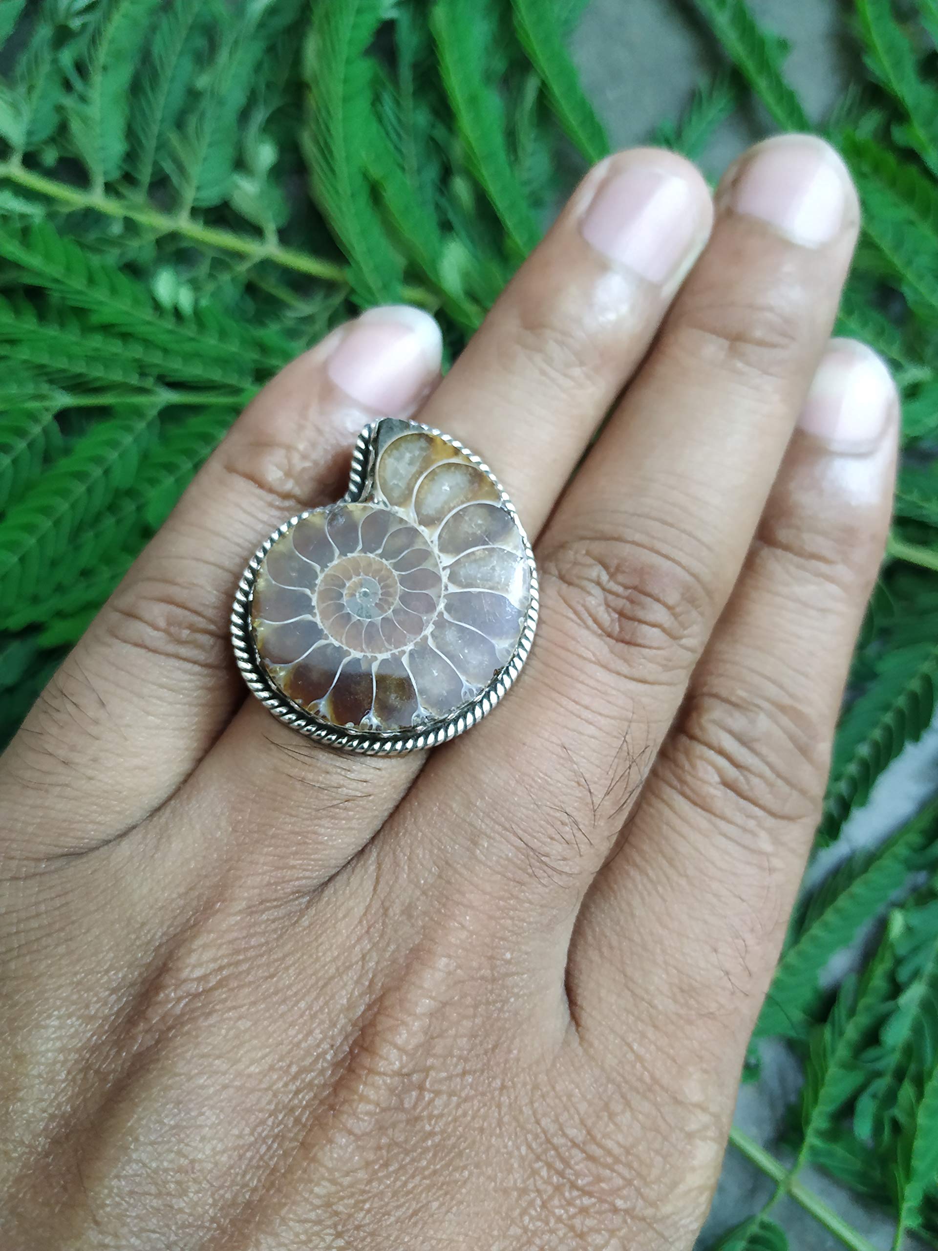 **Genuine Ammonite Fossil Sterling Silver Ring - Handmade Boho Sea Shell Jewelry for Women, Ocean Beach Wedding, Meditation & Promise Ring - Perfect for Boho Chic, Vintage Style & Spiritual Gifts**