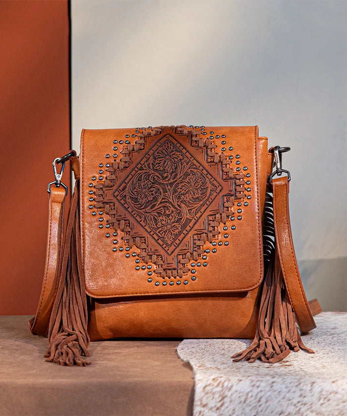 Montana West Tooled Fringe Flap Crossbody Purse for Women - Stylish Leather Shoulder Bag with Western Design - Perfect for Daily Use, Travel & Outdoor Events