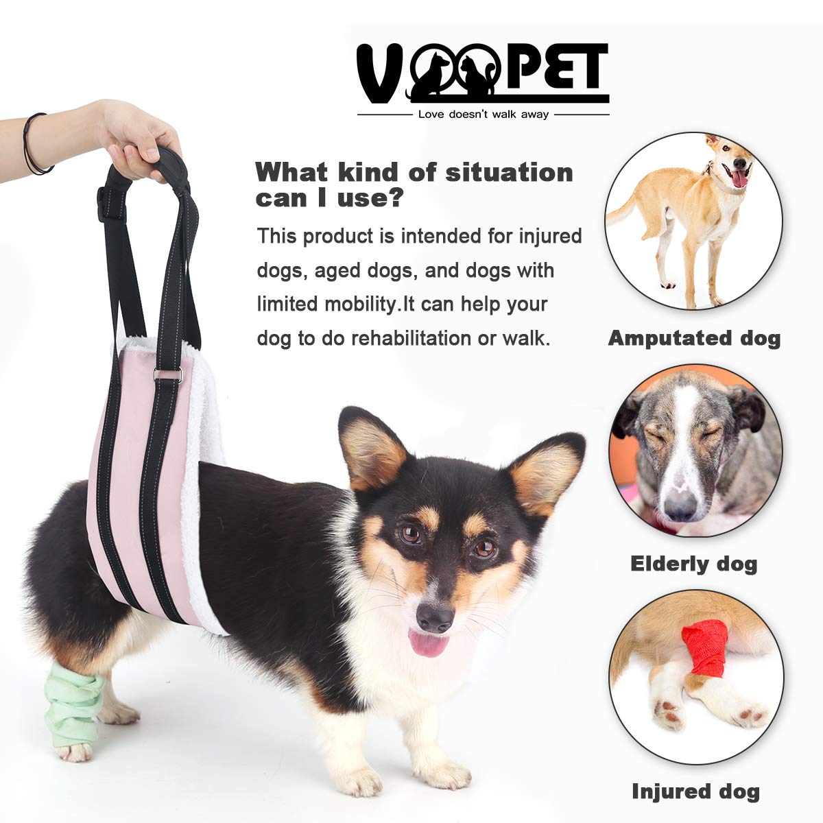 VOOPET Dog Sling Harness - Adjustable Pet Lift Aid for Small, Medium & Large Dogs - Hip Support for Hind Leg Rehabilitation & Mobility Assistance - Perfect for Post-Surgery Recovery, Elderly Dogs & Daily Walks
