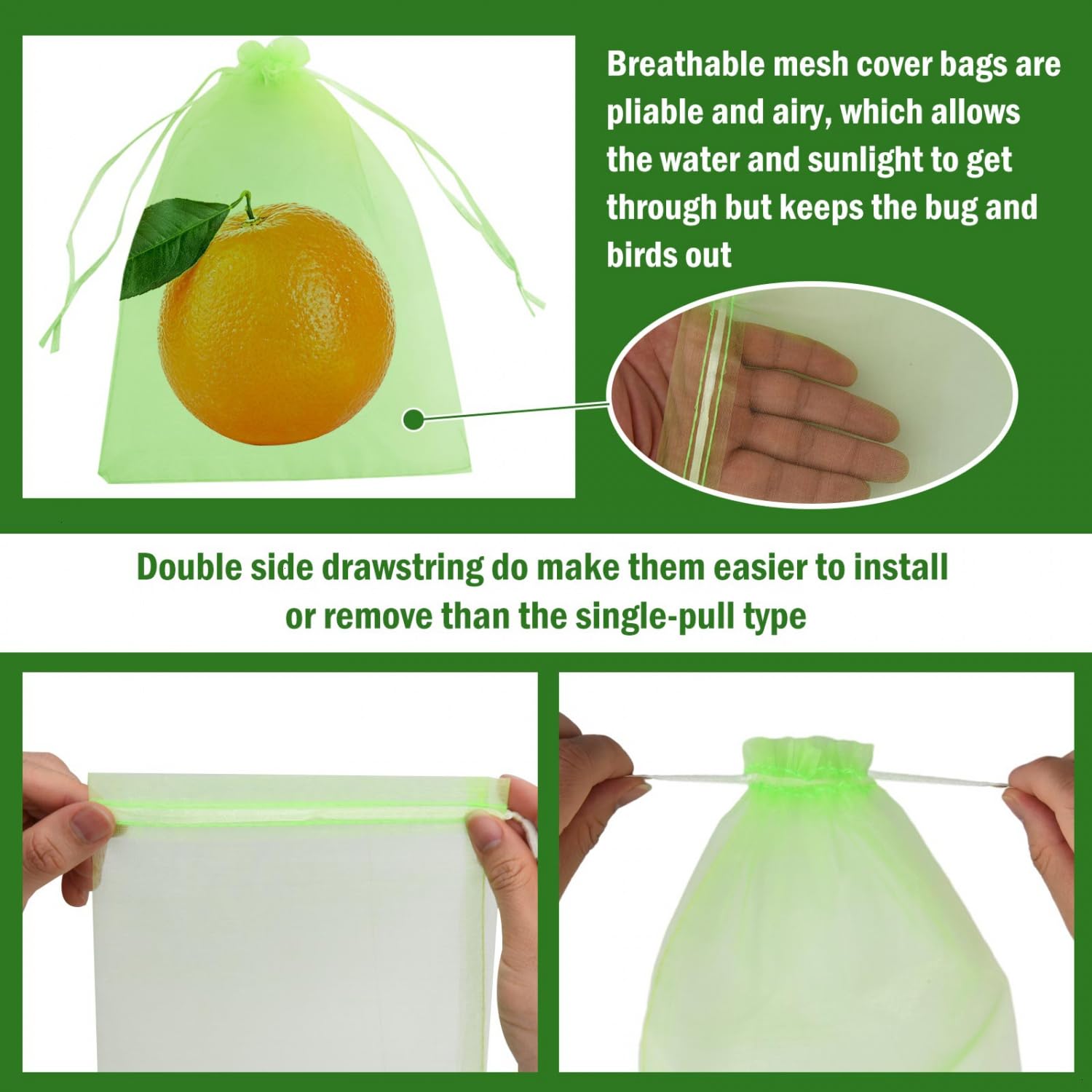 June Fox 50 Pcs 6x9 Inch Reusable Mesh Fruit Protection Bags with Drawstring - Breathable Garden Netting Covers for Mangoes, Tomatoes, Apples & Vegetables - Ideal for Organic Gardening & Pest Control (Green)