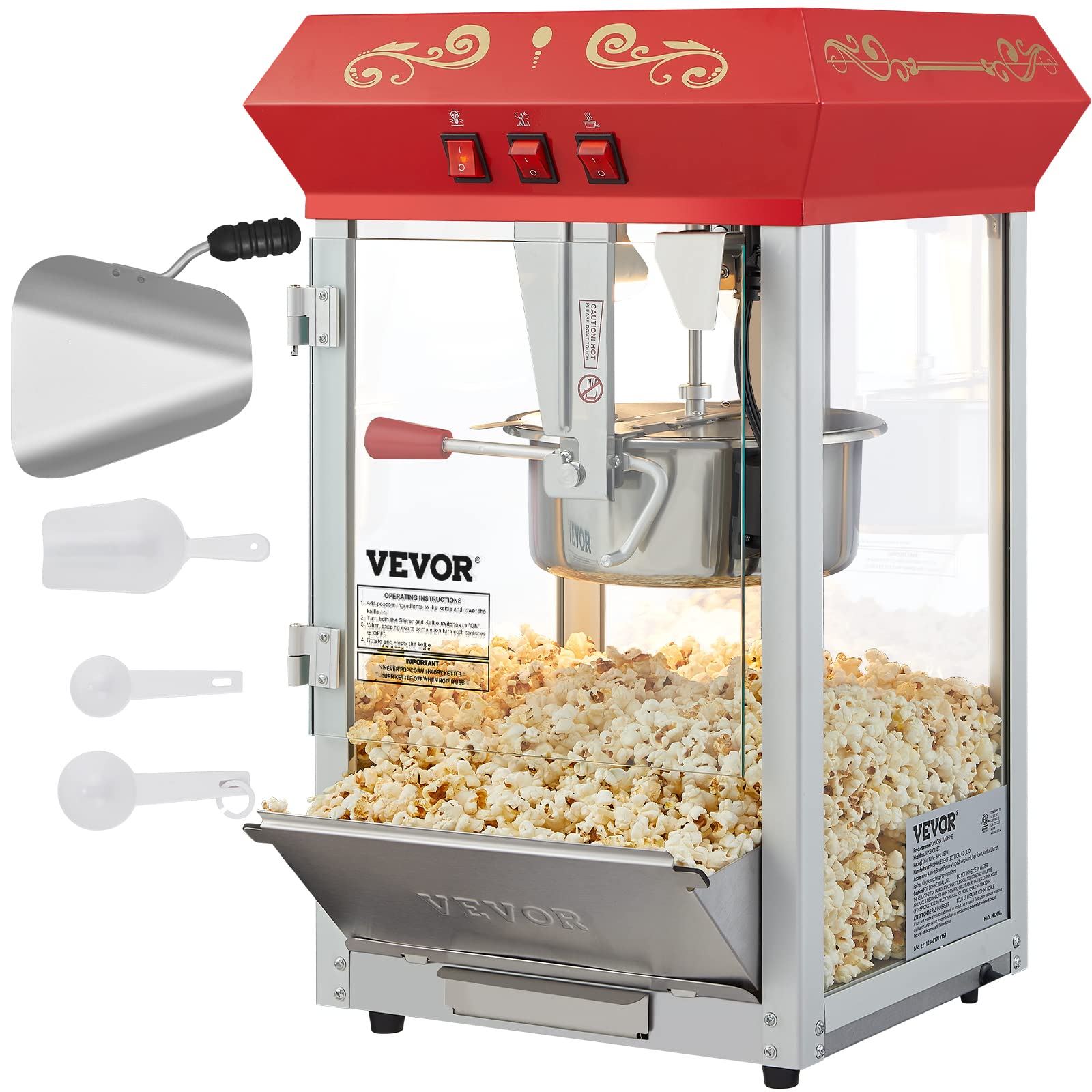 VEVOR 8 Oz Commercial Popcorn Machine - 850W Countertop Popcorn Popper Makes 48 Cups per Batch - Theater Style with 3-Switch Control, Steel Frame & Tempered Glass - Includes Scoop & Spoons (Red) - Perfect for Movie Nights, Carnivals, and Snack Bars