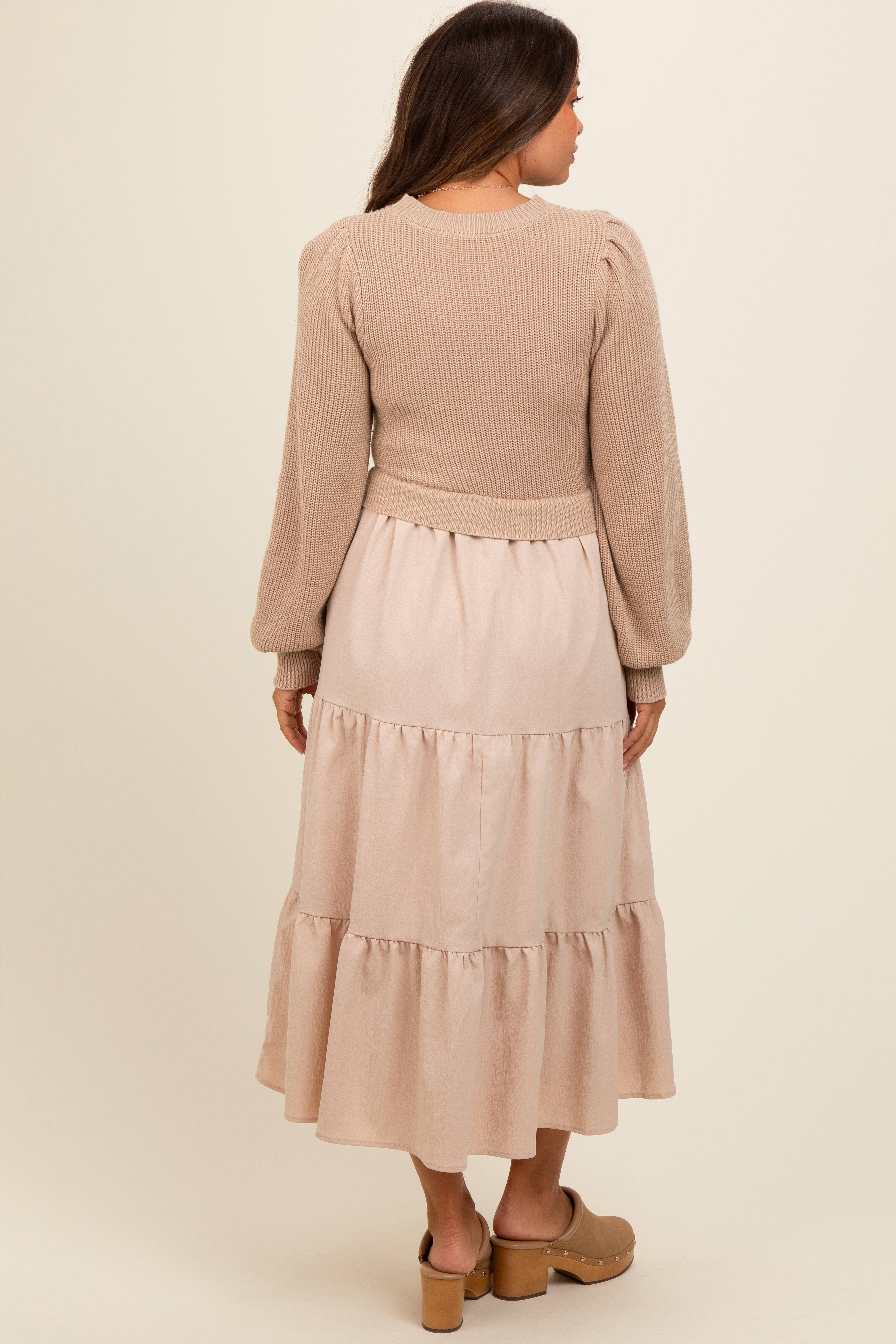 Beige Maternity Sweater Dress - Soft Tiered Midi Dress for Pregnant Women | Perfect for Baby Showers, Maternity Photos & Everyday Comfort