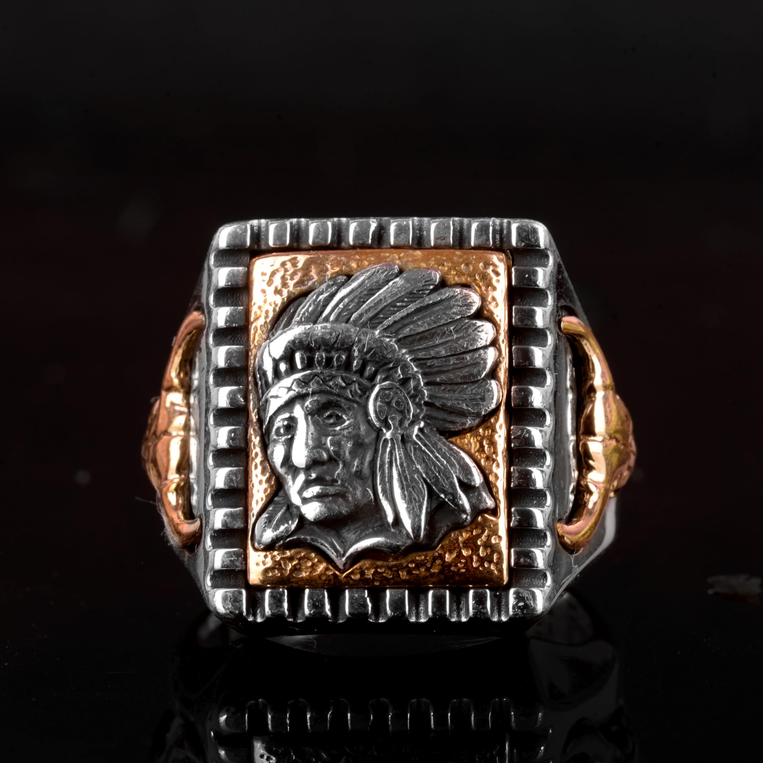 Authentic Sterling Silver Native American Indian Chief Head Ring with Abalone Inlay | Handcrafted Men's Jewelry | Perfect for Gifts, Weddings & Cultural Events