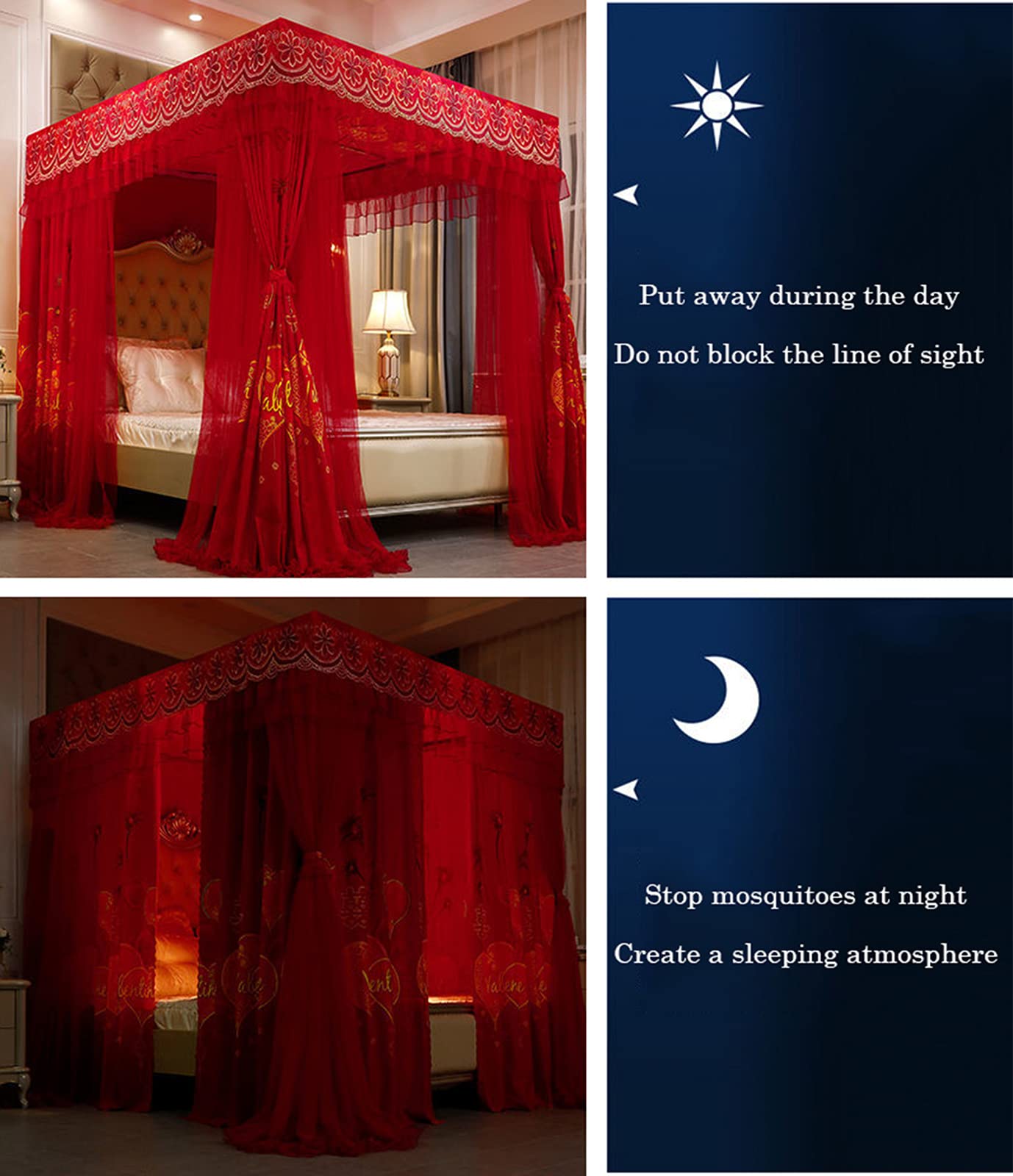 Pink Princess Double Layer Canopy Bed Lace Curtains with 4 Corner Mosquito Net - Elegant Bedspread for Double Bed (1.5x2m) - Perfect for Romantic Bedroom Decor & Mosquito Protection