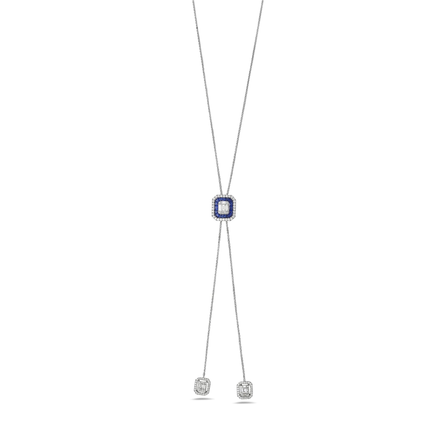 Exquisite 18K White Gold Channel Set Blue Sapphire and Pave Diamond Designer Necklace | Elegant Jewelry Gift for Women | Perfect for Weddings, Anniversaries & Special Occasions