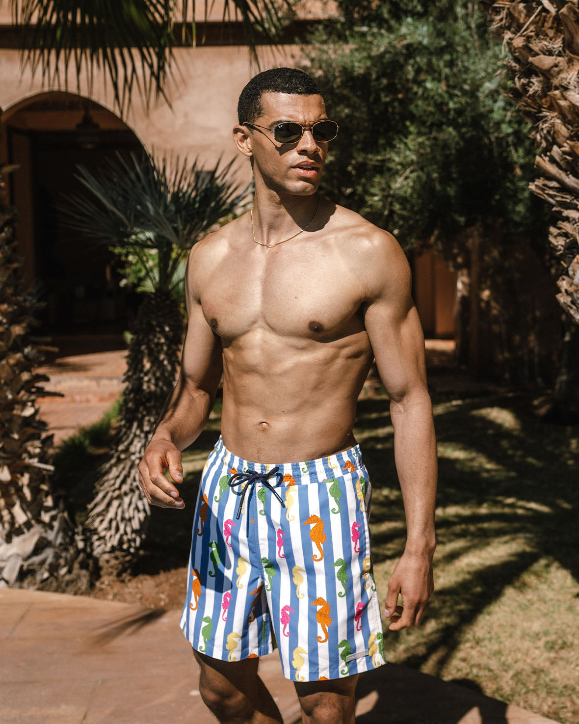 Seahorse Stripe Print Swim Shorts for Men - Quick Dry Beach Swimwear with Pockets - Perfect for Swimming, Surfing, and Summer Vacations