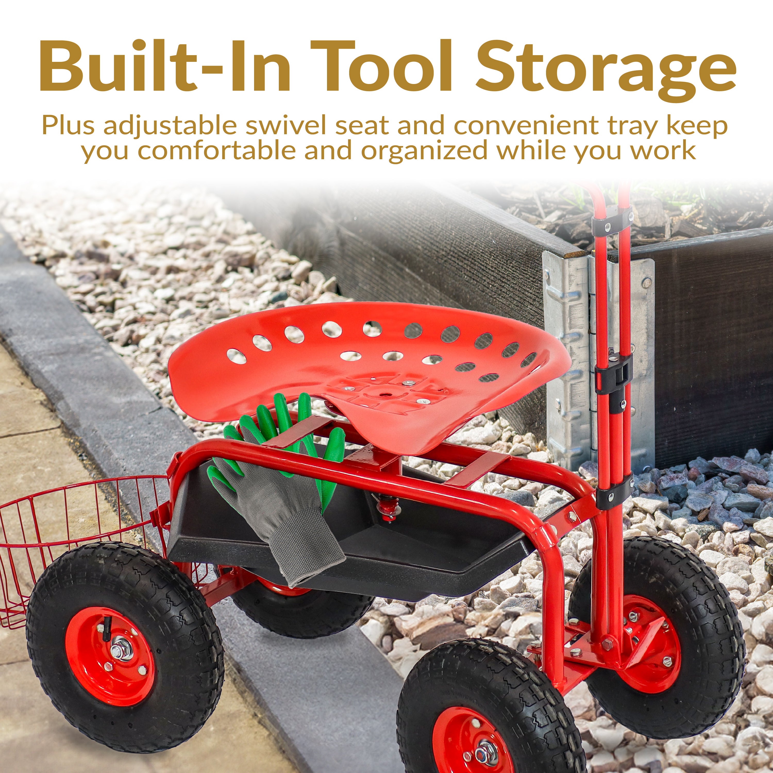 Sunnydaze Rolling Garden Cart with Swivel Seat, Handle & Basket - Heavy Duty Outdoor Utility Wagon for Gardening, Landscaping & Yard Work