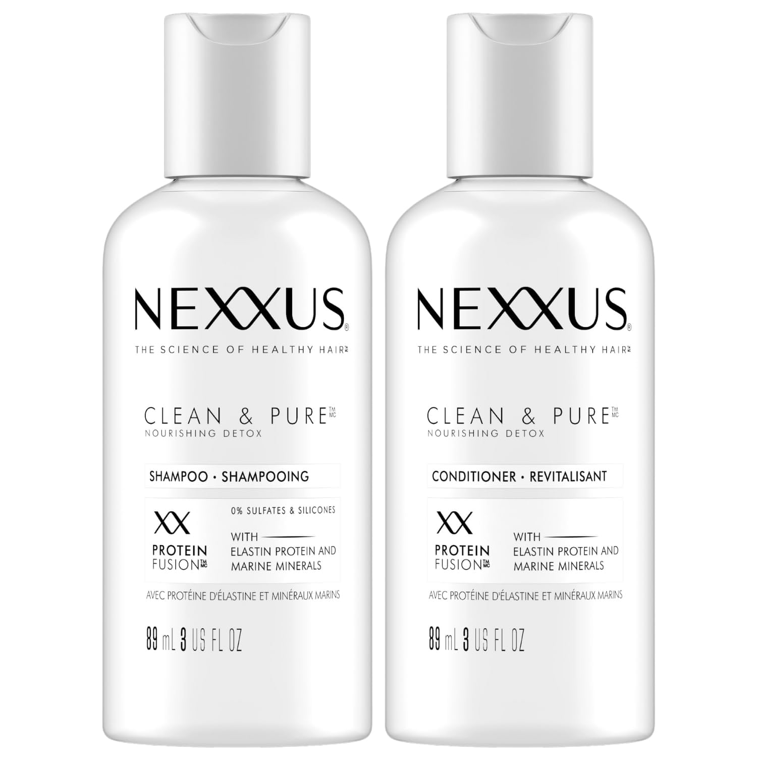 Nexxus Travel Shampoo and Conditioner Set - Sulfate-Free Hair Care with Elastin Protein & Marine Minerals - Clean & Pure Formula - 3 Oz Each - Perfect for Vacation, Gym, and On-the-Go Hair Care