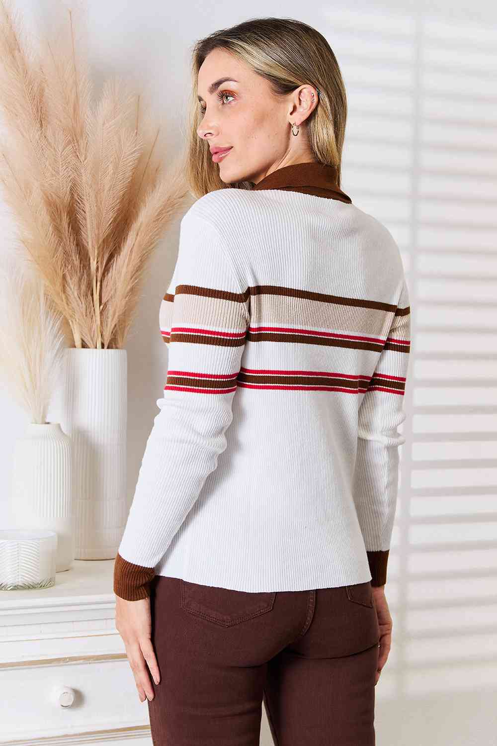 Beige Striped Collar Rib Knit Top for Women - Casual Long Sleeve Shirt for Fall & Winter, Perfect for Office Wear and Weekend Outfits