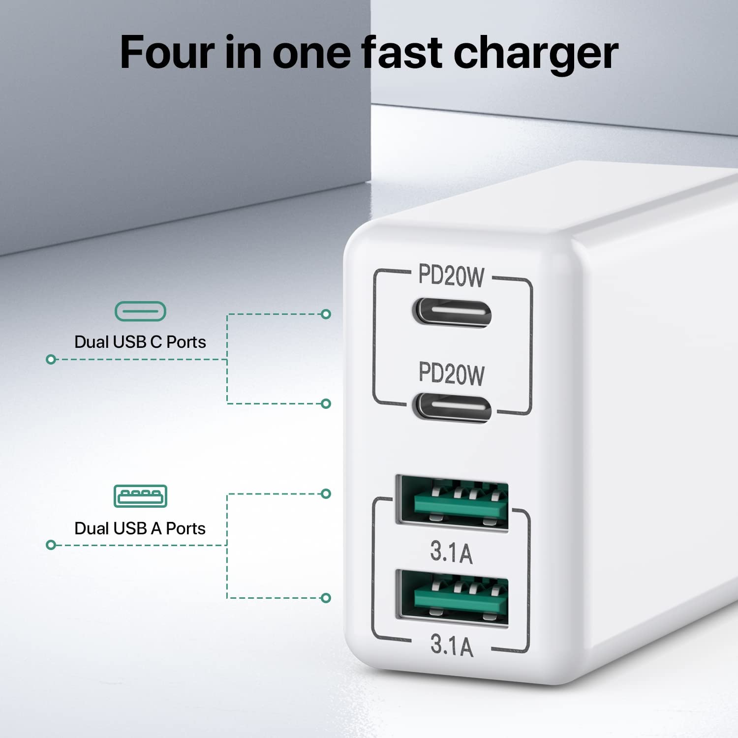 40W 4-Port USB C Wall Charger Fast Charging Block with PD+QC - Dual Port USB C Charger for iPhone 14/13/12/11/Pro Max/XS/XR/8/7, iPad, Samsung Galaxy Phones & Tablets - Perfect for Home, Office & Travel Charging