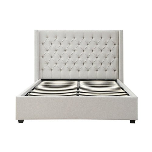Luxury Veronica Queen Size Bed Frame with Grey Linen Upholstery - Elegant Modern Bedroom Furniture for Master Suite or Guest Room