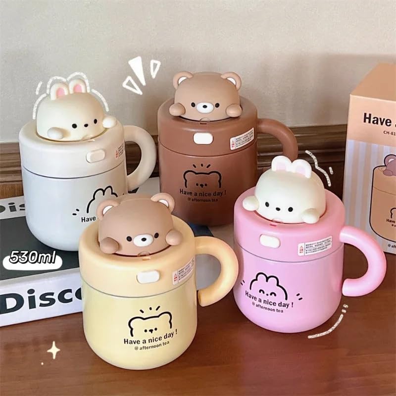 Cute Bunny Bear Stainless Steel Double Walled Vacuum Insulated 530ml Leak Proof Straw Tumbler with Lid - Insulated Coffee Mug for Hot & Cold Drinks, Perfect for Home, Office, Travel (Brown)