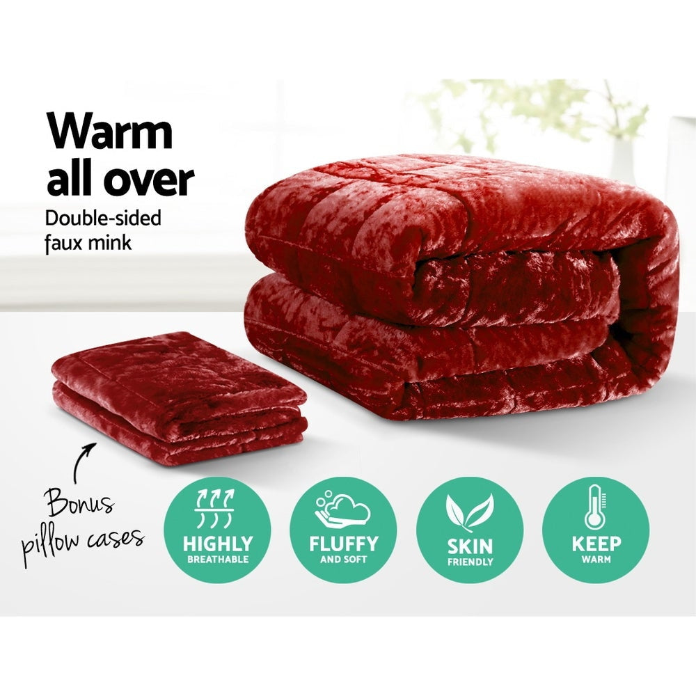 Luxury Faux Mink Quilt Comforter - Super King Size Fleece Throw Blanket in Burgundy for Bedroom Decor & Cozy Winter Nights