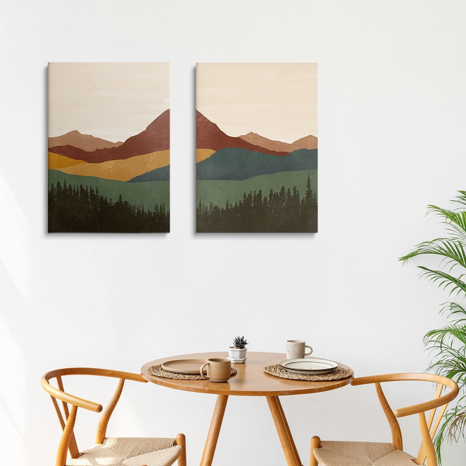 Mid Century Boho Minimalist Canvas Prints - Set of 2 Framed 20x28 inch Abstract Landscape Wall Art for Living Room, Bedroom & Dining Room Decor | Modern Mountain Home Decor & Bohemian Interior Design