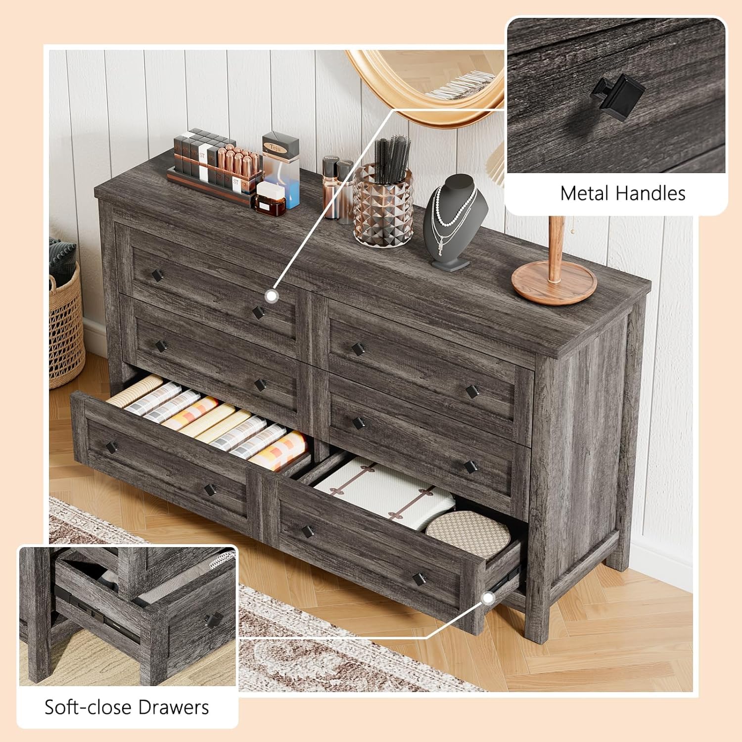 Rustic Grey 3-Piece Bedroom Furniture Set - 6-Drawer Dresser & 2 Nightstands with Charging Station | Farmhouse Style Wood Storage Dresser & Bedside Tables | Perfect for Master Bedroom, Guest Room, or Apartment Decor