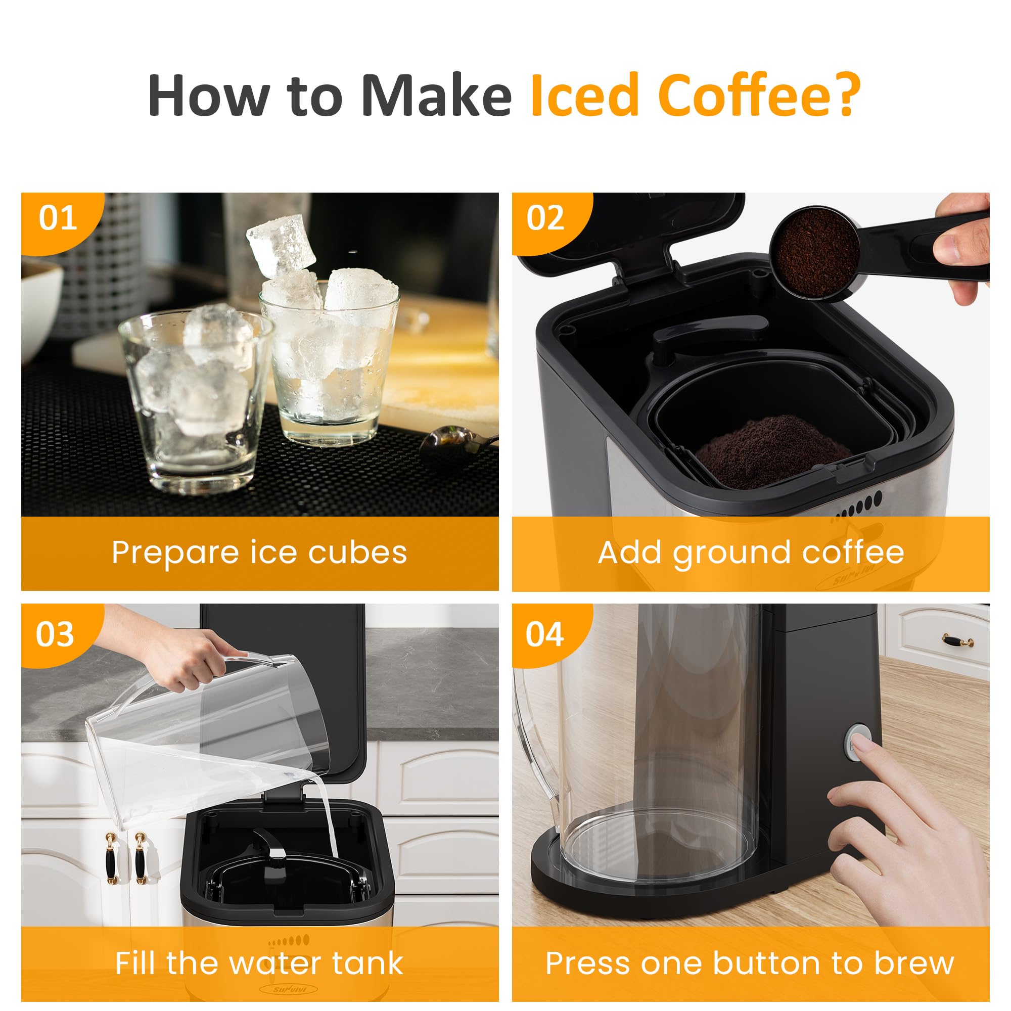 Sunvivi 3-Quart Iced Tea & Coffee Maker - Brews Ground Coffee, Tea Bags & Loose Leaf Tea with Strength Control - 7-Cup Capacity Home Coffee Machine (Black) - Perfect for Summer Drinks, Entertaining & Kitchen Use