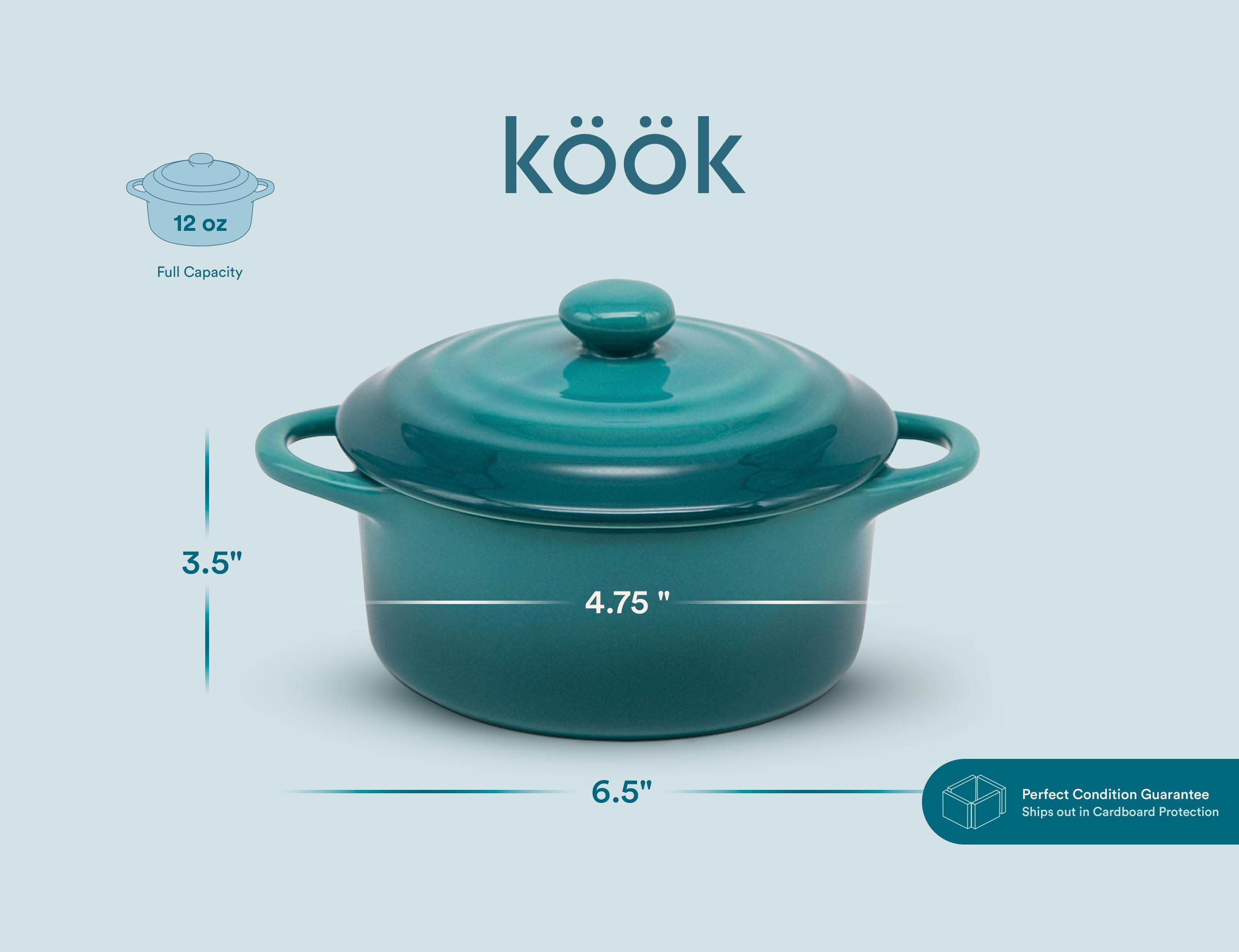 Kook Ceramic Mini Cocotte Set of 4 - 12oz Small Stoneware Casserole Dishes with Lids & Handles | Oven, Microwave & Dishwasher Safe Baking Ramekins in Aqua Ombre | Perfect for Individual Servings, French Onion Soup, Crème Brûlée & Dinner Parties
