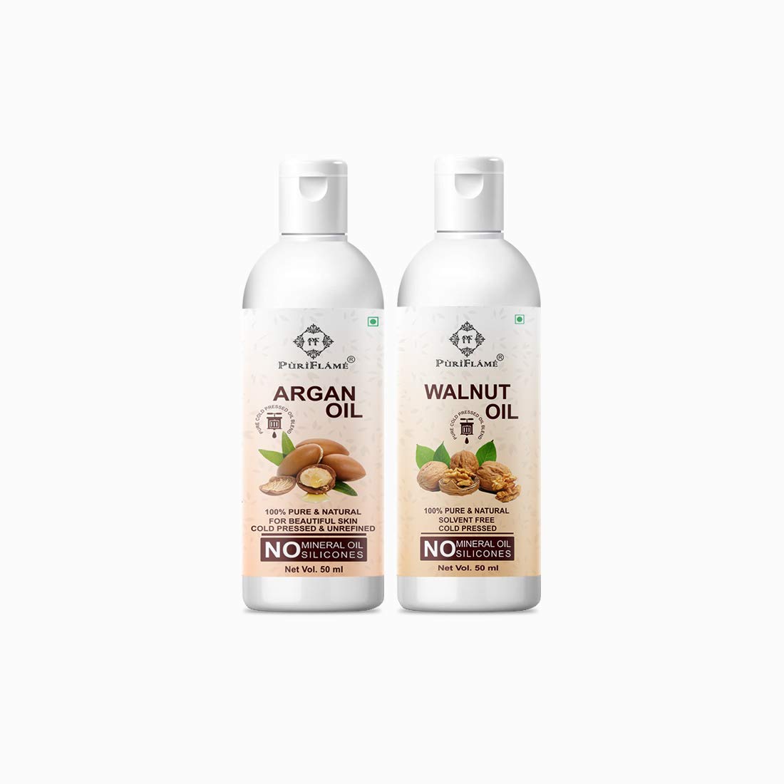 PuriFlame 100% Pure Argan Oil & Walnut Oil Combo (50ML Each) - Hair Growth Treatment for Anti Hair Fall, Split Ends Repair, Soft & Shiny Hair - Natural Hair Care for Daily Use, Salon Results at Home (Pack of 2)