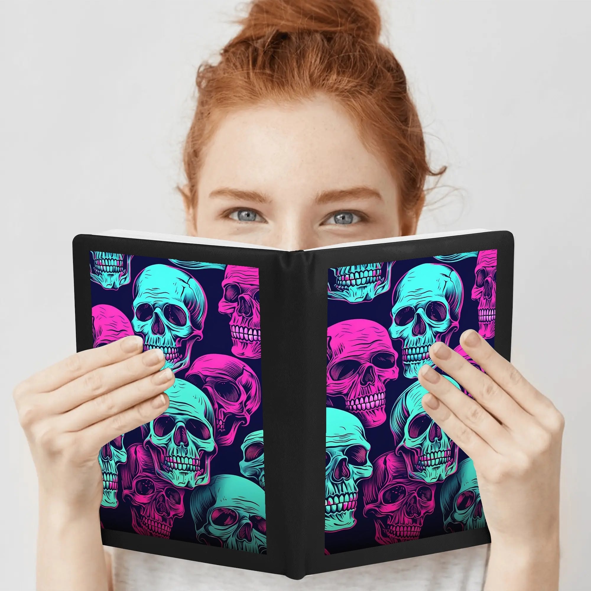 Gothic Neon Skulls Leather Journal - A5 Refillable Notebook for Writing, Sketching & Bullet Journaling - Perfect for Halloween, Dark Aesthetic & Gift Ideas