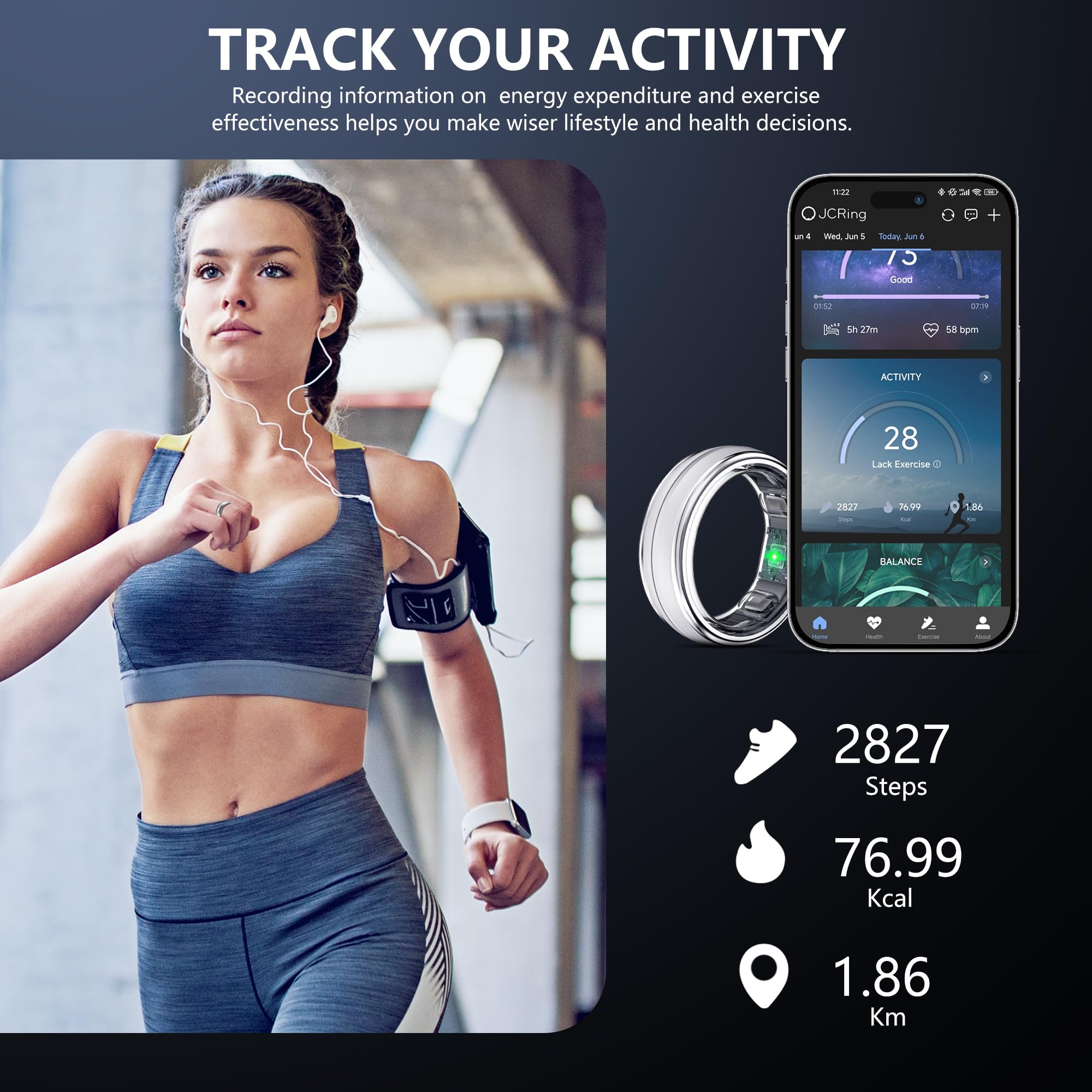Smart Fitness Ring for Women & Men - Sleep & Step Tracker with Heart Rate Monitor | Waterproof Health Activity Tracker, iOS & Android Compatible (Silver, Size 11) - Perfect for Workouts, Sleep Monitoring & Daily Health Tracking