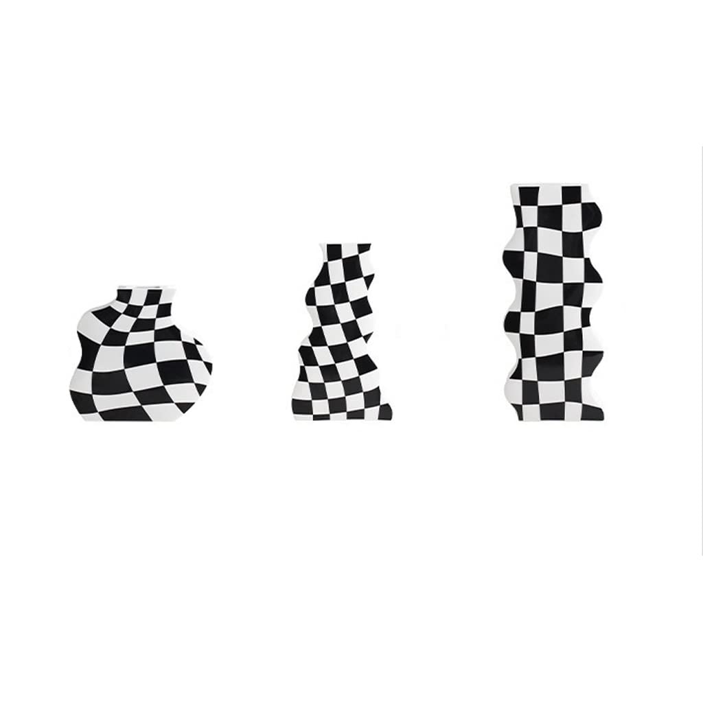 GTKINGD Creative Checkerboard Ceramic Vases Set of 3 - Modern Geometric Flower Pots for Home Decor, Living Room & Dining Room Centerpiece - Elegant Handmade Ceramic Planters for Indoor Plants, Wedding Decor, Housewarming Gifts (Color A)