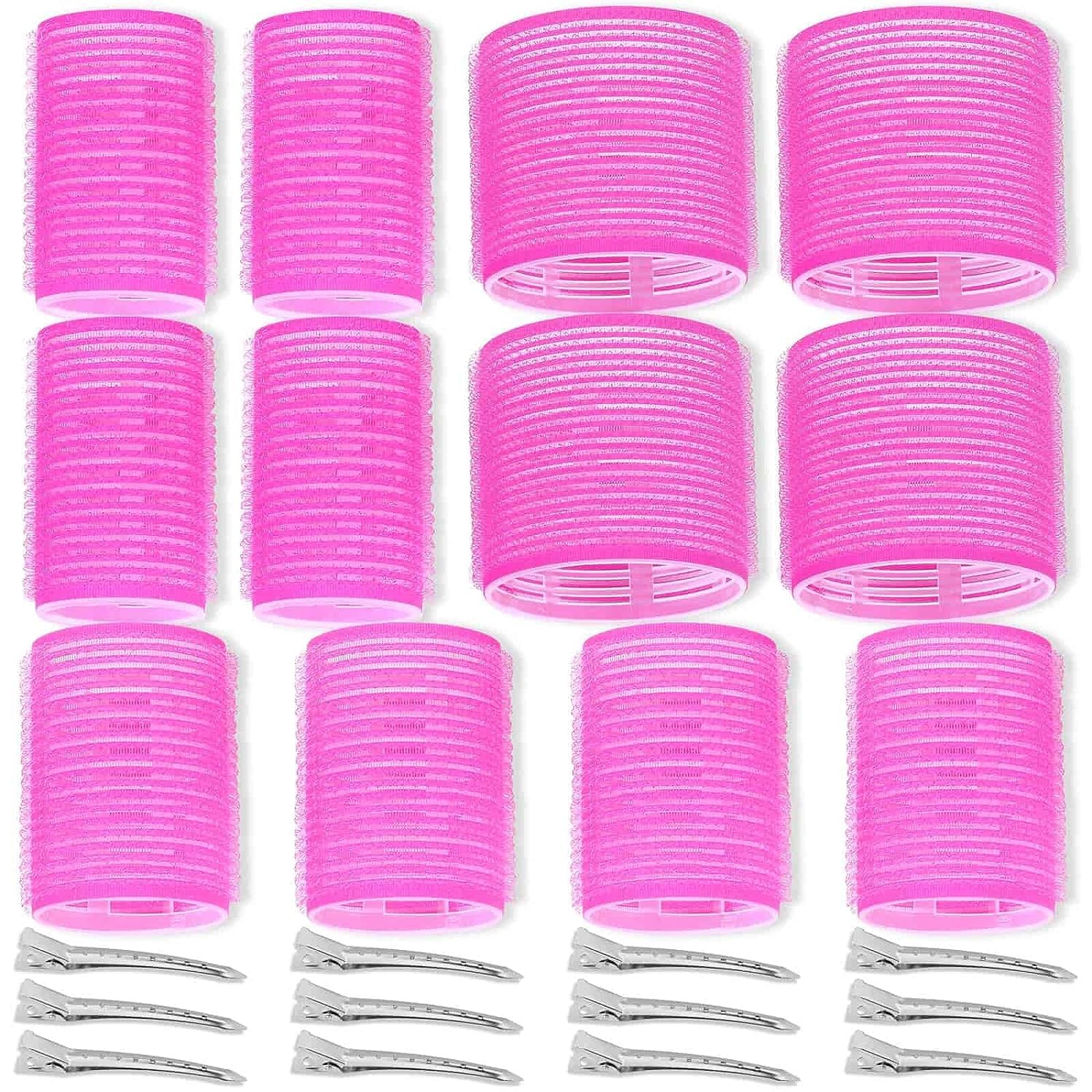 Self Grip Hair Rollers & Heatless Curlers Set - 24 Pcs (3 Sizes: 4 Jumbo, 4 Large, 4 Medium) with 12 Hair Clips for Long/Medium/Short Hair - Yellow & Pink - Perfect for Overnight Styling, Beach Waves & Salon-Quality Curls at Home