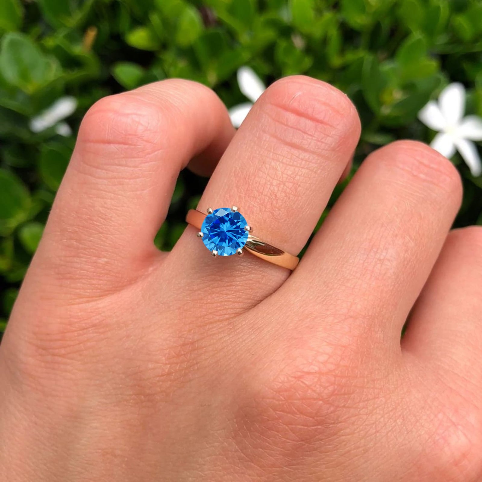 14K Yellow Gold Round Blue Topaz CZ Solitaire Ring for Women - Elegant Engagement, Wedding, Anniversary Gift for Her - Perfect for Valentine's Day, Birthday & Special Occasions