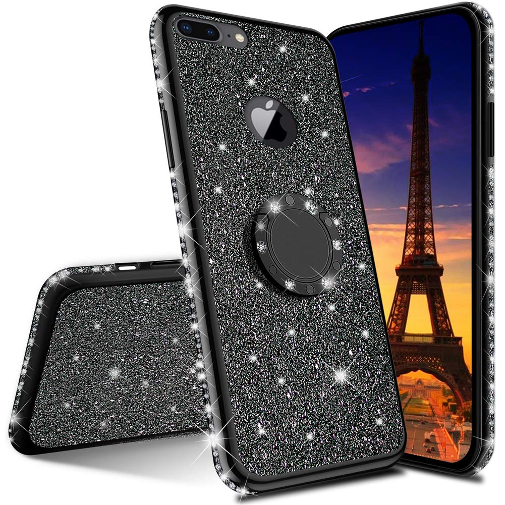 MRSTERUS Luxury Bling Diamond Rhinestone Case for iPhone 7 Plus/8 Plus - Glitter Protective Cover with Ring Kickstand, Fashion Phone Case for Women & Girls (Black) | Perfect for Parties, Weddings & Special Occasions