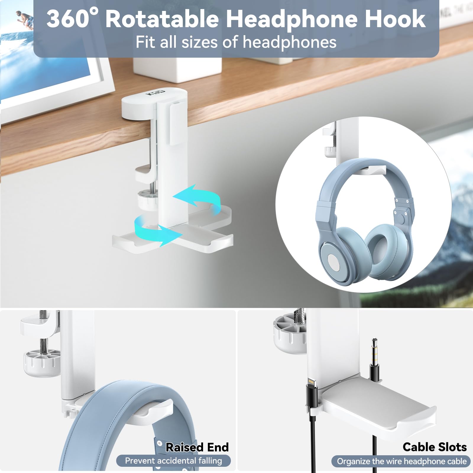 2 in 1 Rotatable Under Desk Headphone Hanger & Cup Holder - Space Saving Clamp Mount for Gaming Headsets, Coffee Mugs & Water Bottles - Perfect for Home Office, Gaming Setup & Workspace Organization (White)