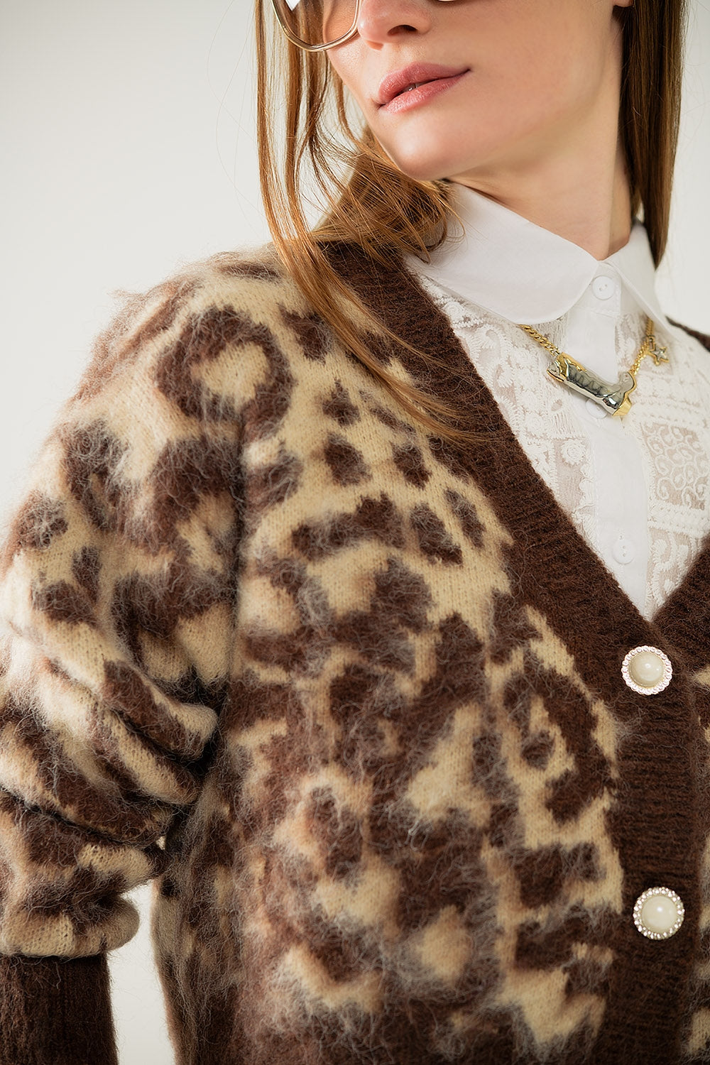 Leopard Print Beige Wool Cardigan for Women - Cozy Winter Sweater for Casual Outfits & Office Wear