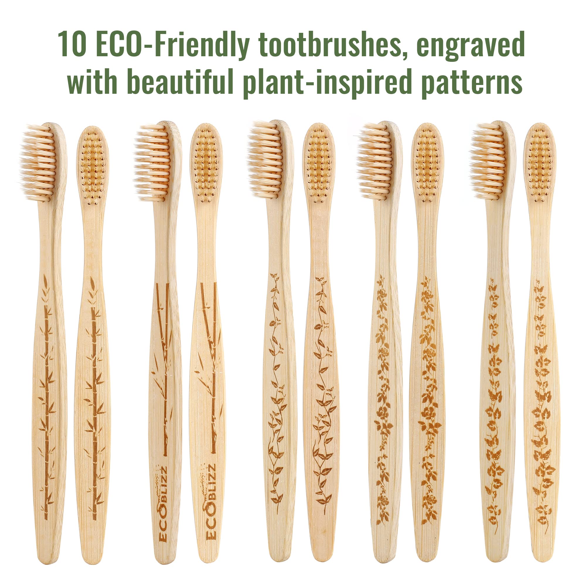 Eco-Friendly Bamboo Toothbrushes for Adults & Kids - Biodegradable Soft Bristle Toothbrushes, Natural Wooden Handle - 10 Pack Family Set for Home, Travel & Sustainable Oral Care