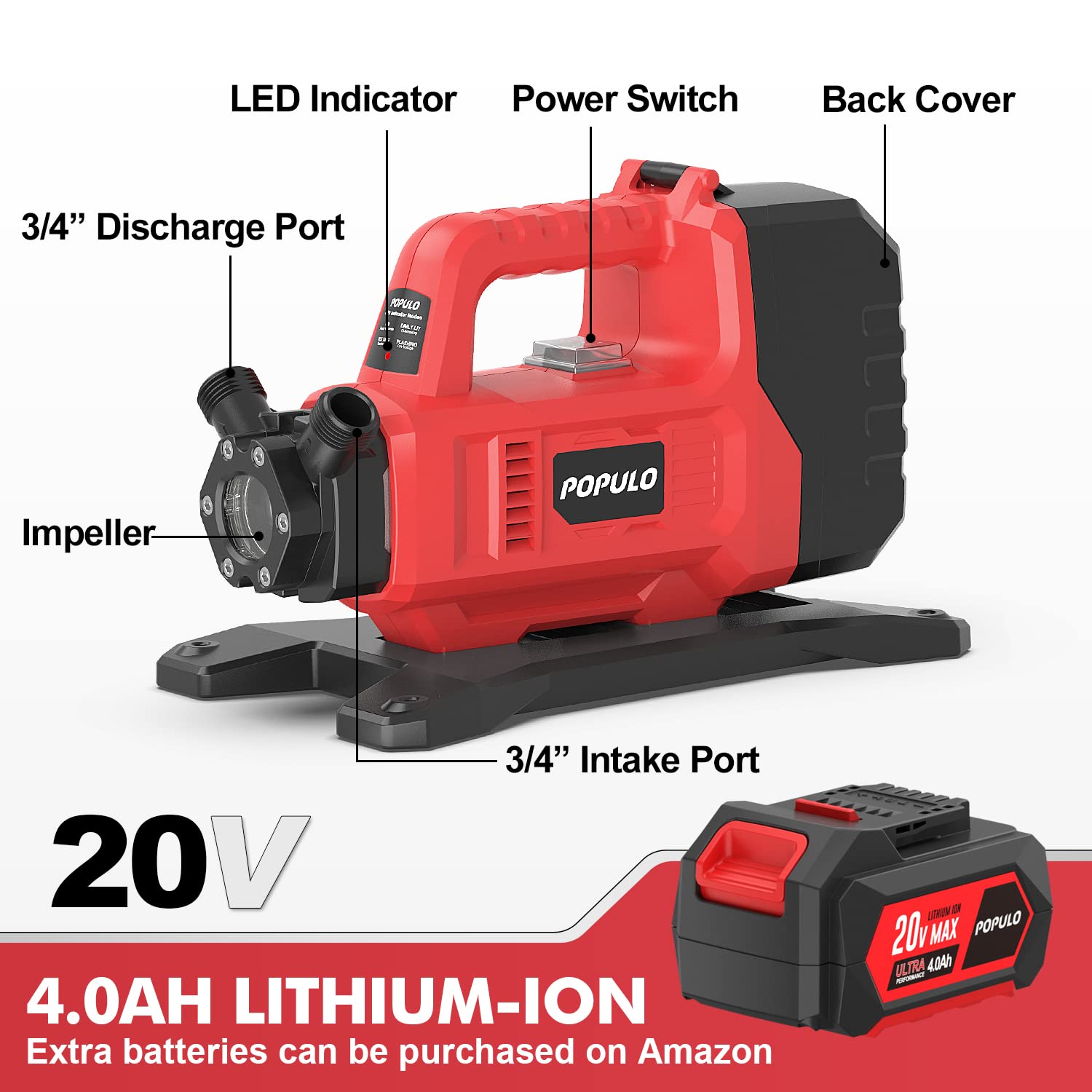 POPULO Hybrid Water Transfer Pump - 120VAC/20VDC Portable Electric Utility Pump, 4.0AH Battery, 325GPH Flow Rate, 45FT Head - Cordless Water Pump for Home, Pool, RV, Garden, Hot Tub, Pond, Water Tank & Aquarium (Red) - Perfect for Water Transfer, Irrigation & Emergency Drainage