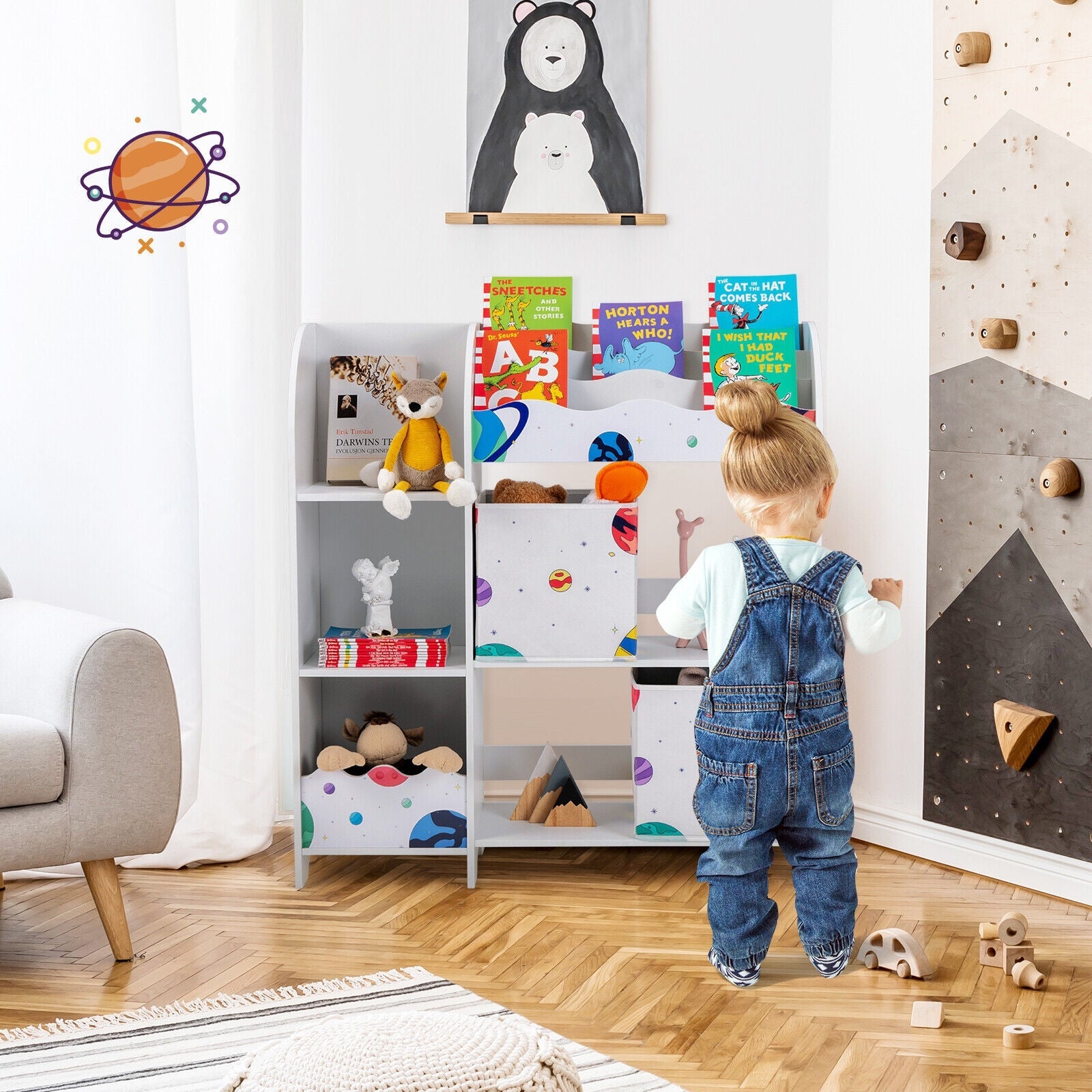 Wooden Kids Book Organizer with Storage Bins - Children's Bookcase & Toy Storage Cabinet for Bedroom, Playroom, and Classroom Organization