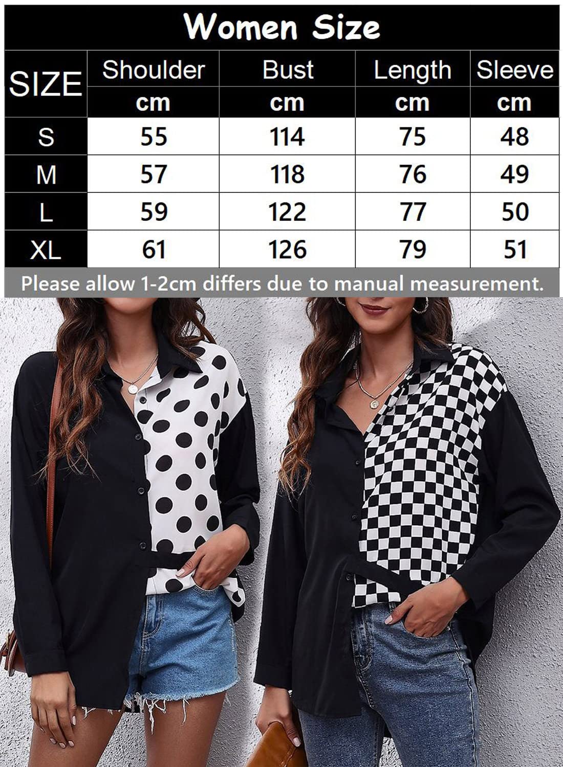 Futurino Women's Long Sleeve Button Down Shirt - Trendy Point Collar Chess Print Blouse with V-Neck for Casual Wear | Office, Date Night & Everyday Outfits